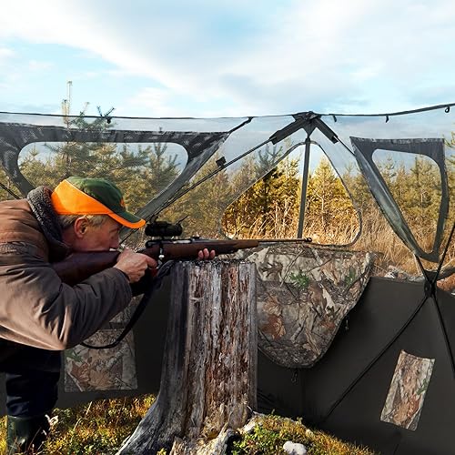 Miniatura 2 de Tangkula Persiana de caza de 2 paneles, persiana transparente con 3 puertos de disparo y 2 bolsillos de almacenamiento, persiana portátil con bolsa