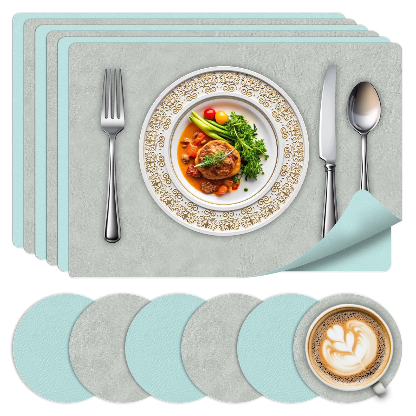 Faux Leather Placemats and Coaster Sets 6 Heat-Resistant Table Mats