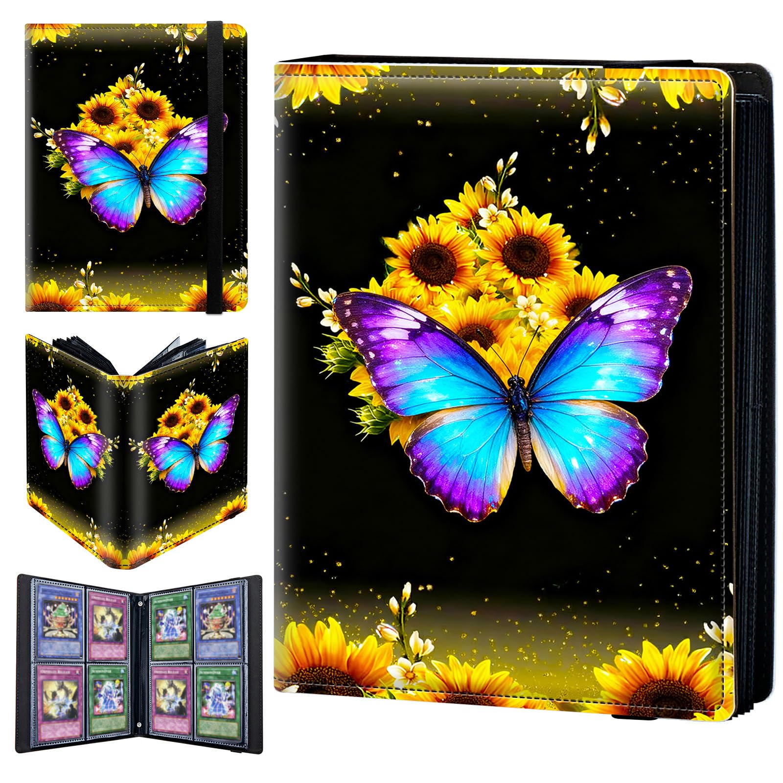 4 Pocket Trading Card Binder 240 Side Loading Pocket Album with Sunflowers Blue Butterflies Pattern Design Card Binder for Sports Cards & Game Cards