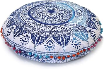 CRAFT KALA 22 Round Mandala Boho Pillow Cover Meditation Room Seating Poufs Cover for Living Room Yoga Room Home Bedroom Balcony Garden Party Decoration Cotton Floor Cushion Cover (Blue Trishul)