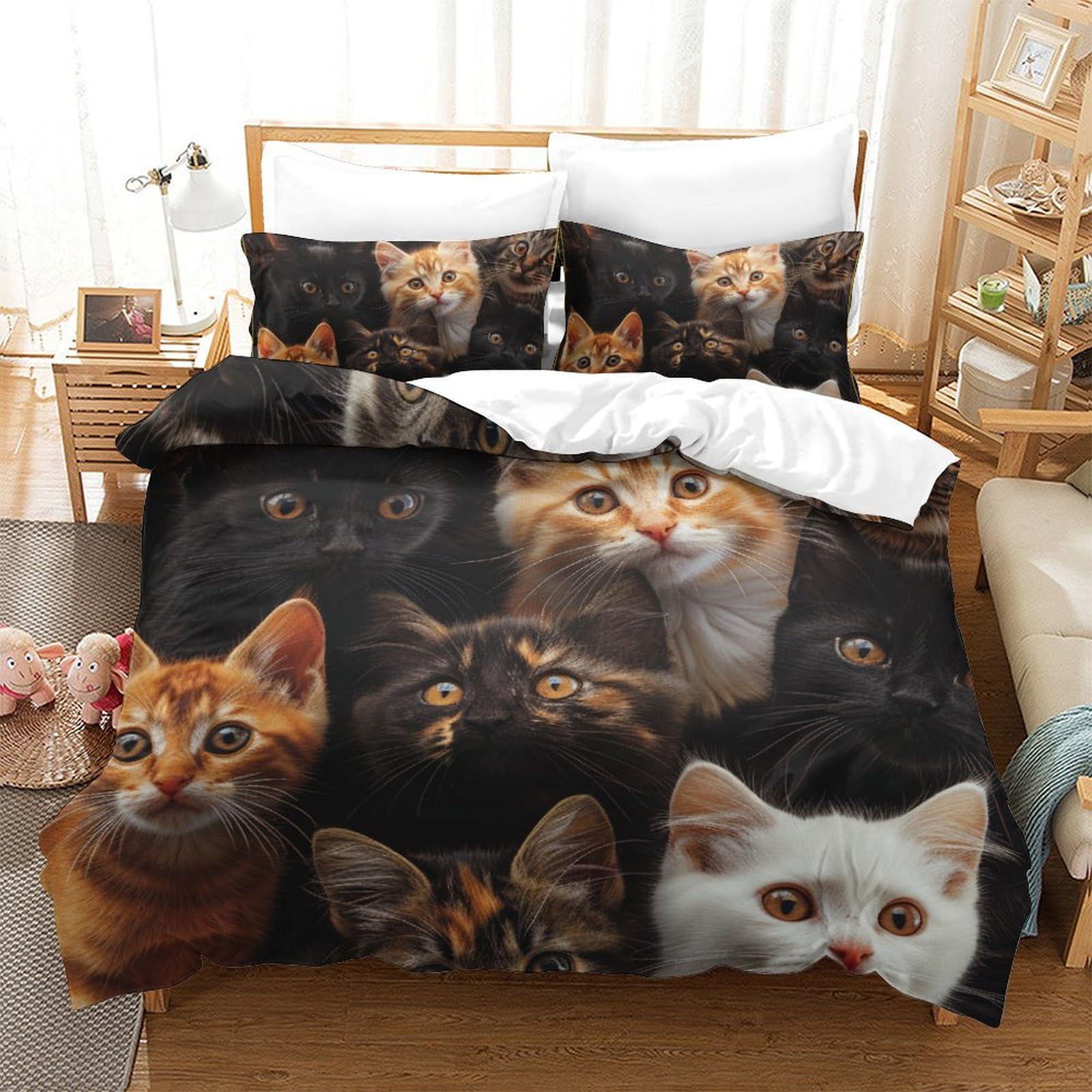 Housse de couette chat 3D pour lit double, parure microfibre douce pour chambre ado