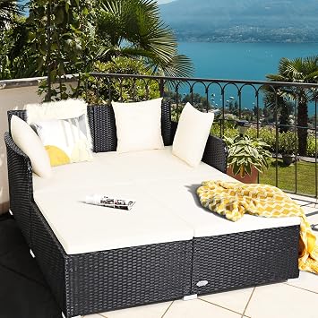 Moccha Outdoor Daybed, Wicker Sunbed with Spacious Seat, Cushion, High-Resilience Sponge, Patio Sofa Set, Rattan Lounge Furniture for Poolside Backyard Porch Garden,Beige