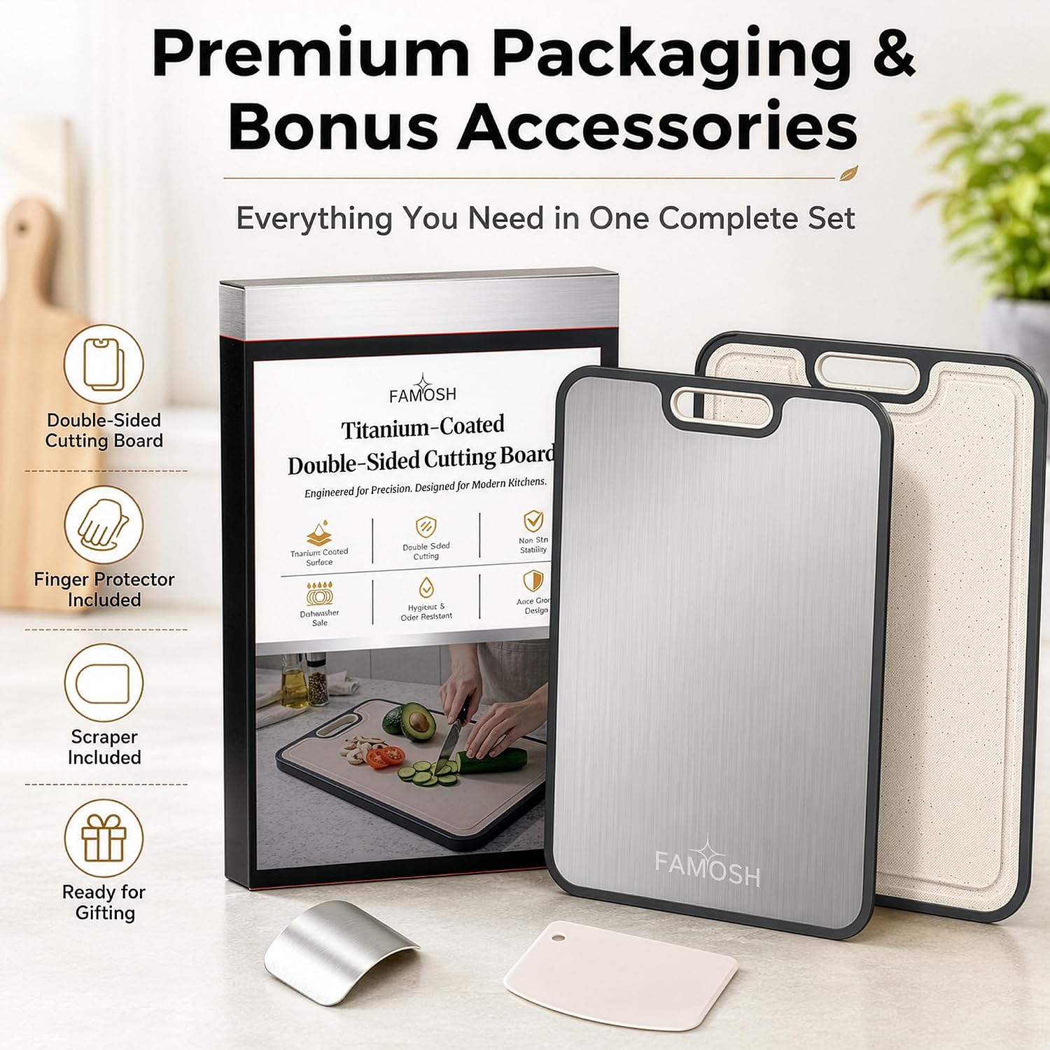 Titanium Cutting Board for Kitchen, Double Sided Non Slip Cutting Boards with Wheat Straw, Chopping Board with Juice Grooves, Meat Scraper and Garlic Grinder, Dishwasher Safe, 15” x 10.4“