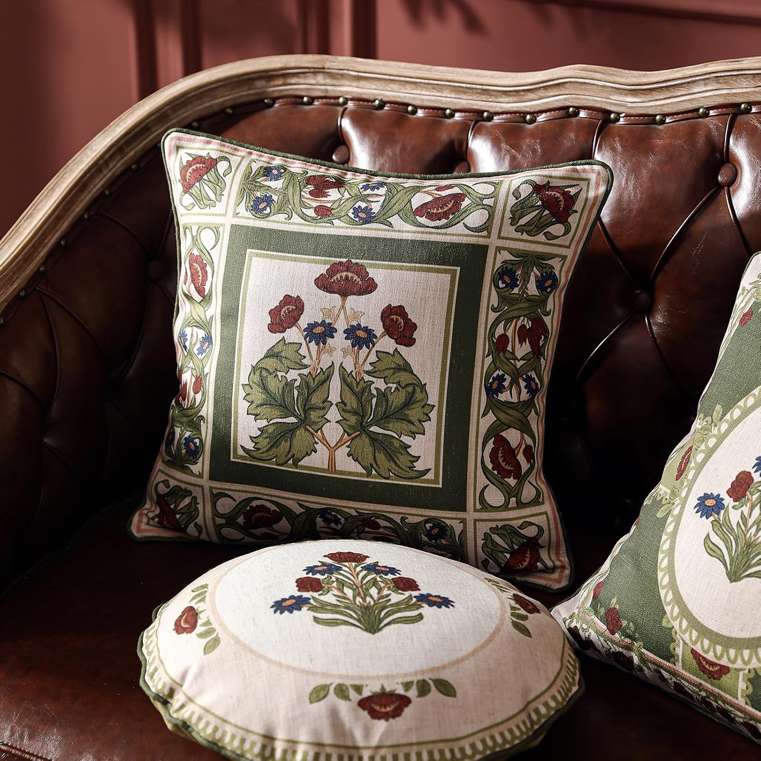 ISAENNE Design Linen Square Throw Pillow Covers 18"x18" Pack of 2, Yellow Green French Cushion Covers with Red Rose Floral Pattern Decoration Pillowcases for Bed, Living Room, Outdoor, Car