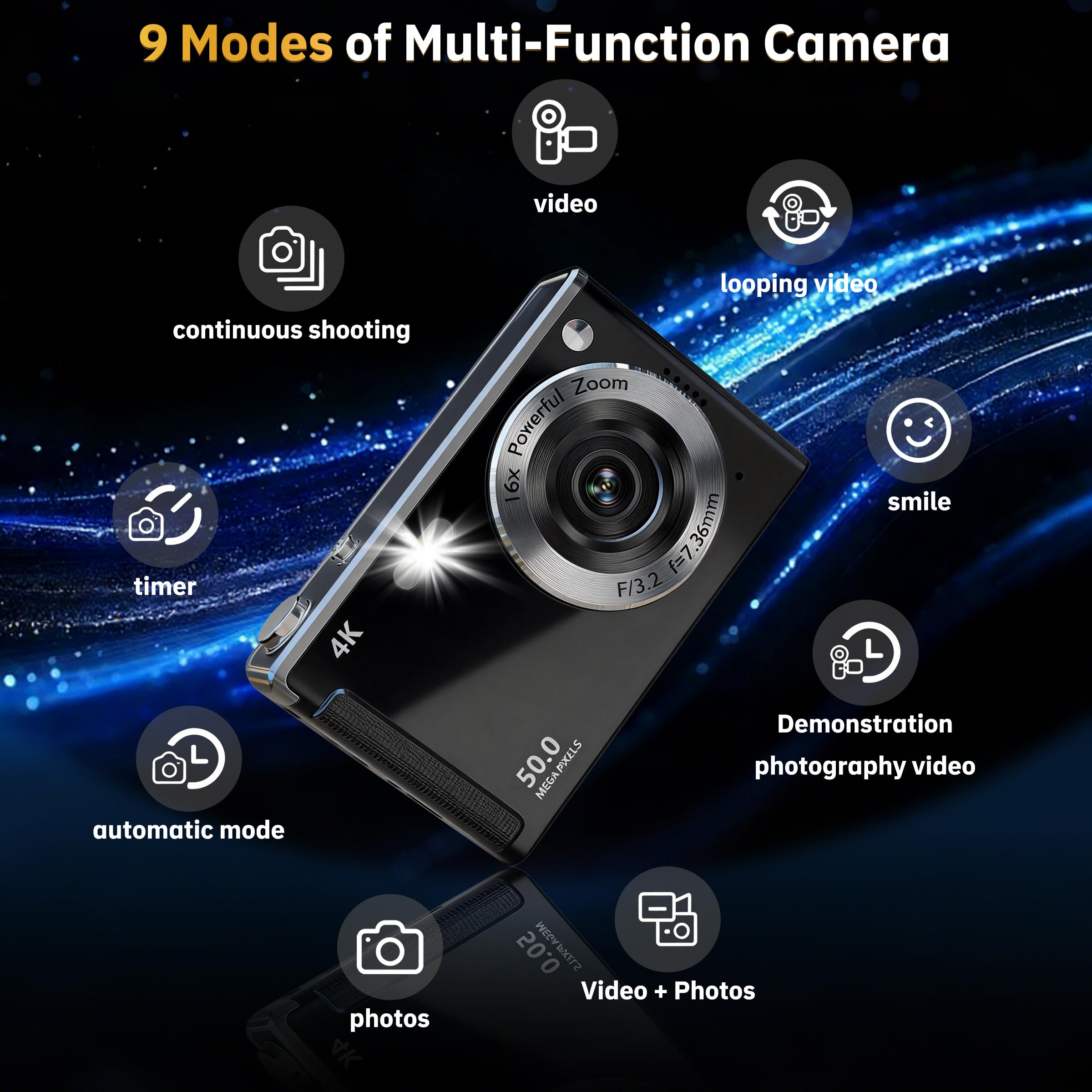Fotocamera digitale 4K per fotografia autofocus, zoom 16x, fotocamera digitale compatta portatile da 50 MP, fotocamera compatta da viaggio per principianti con scheda da 32 GB, 2 batterie, colore nero