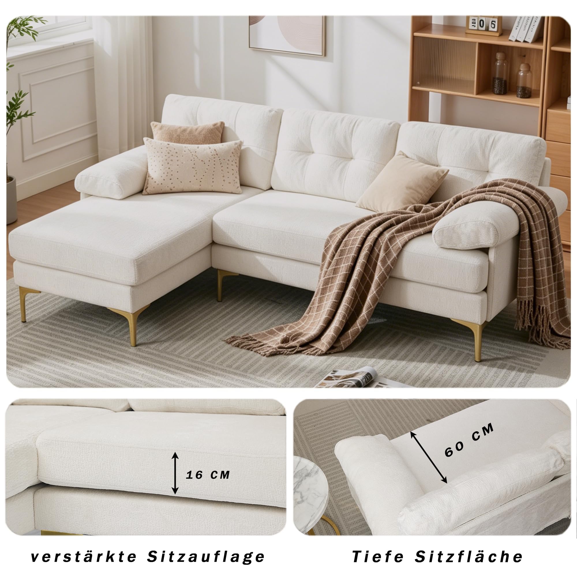 Divano angolare con funzione letto, 187,5 cm, divano a forma di L con funzione letto, divano a 3 posti, funzione reclinabile, tessuto di ciniglia, braccioli imbottiti, per soggiorno, beige