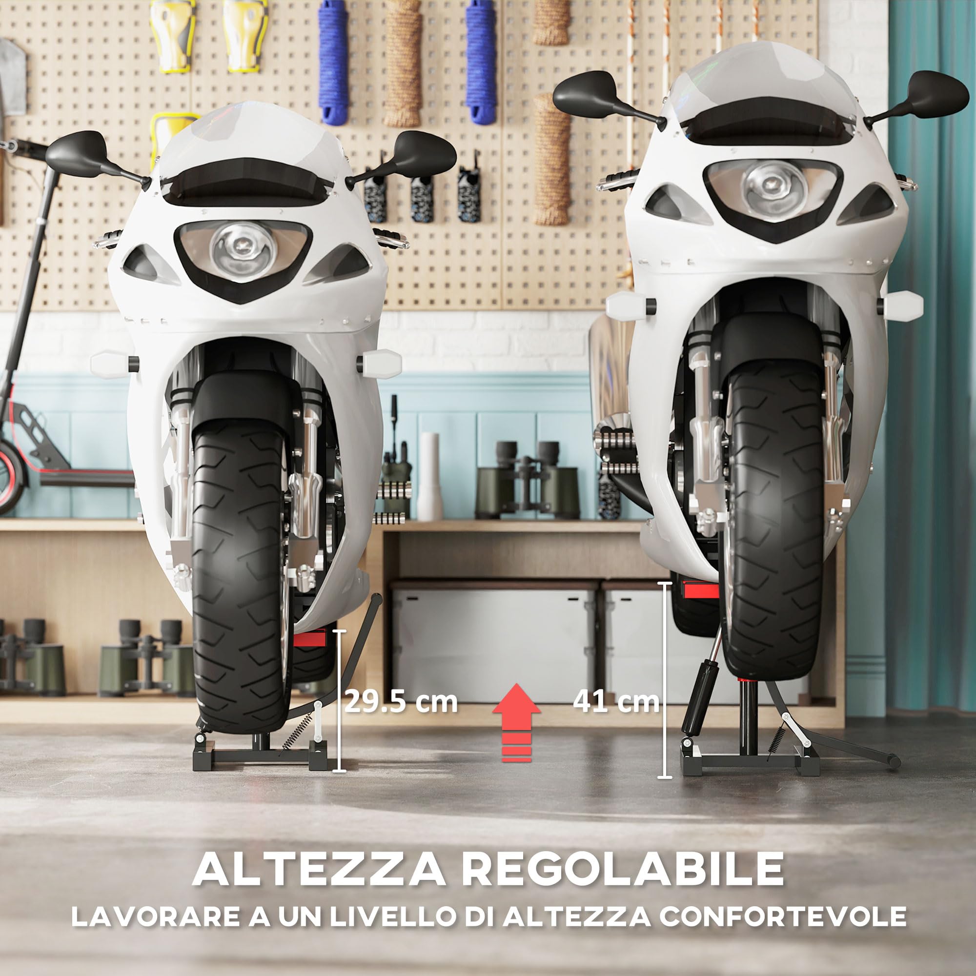 HOMCOM Sollevatore Moto in Acciaio Max 150kg, Cavalletto Alzamoto con Altezza Regolabile 29.5-41 cm e Piattaforma in Gomma Antiscivolo, 33x29x40.5cm, Rosso