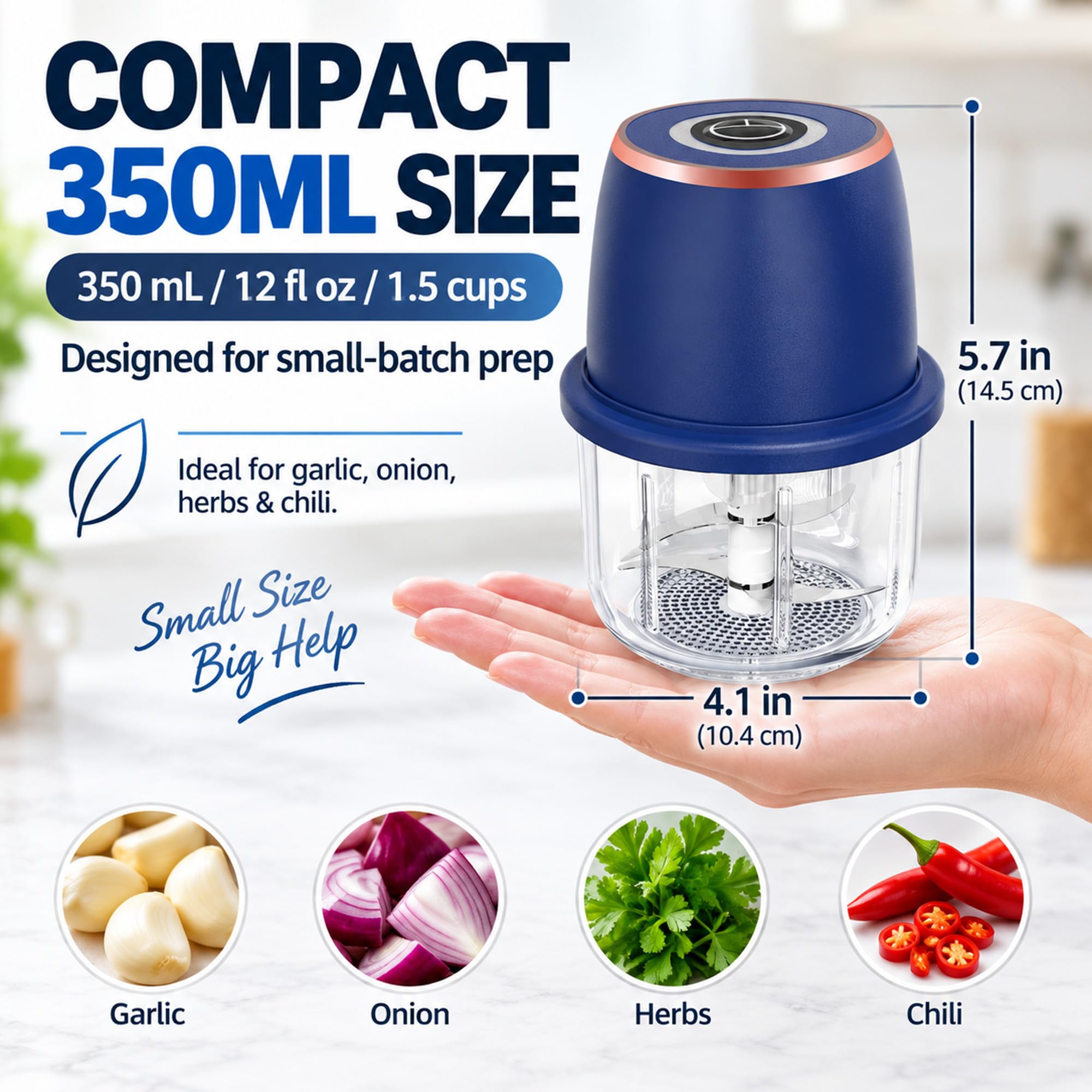 Hachoir électrique à ail 350 ml - Mini robot culinaire - Hachoir à légumes (bleu)