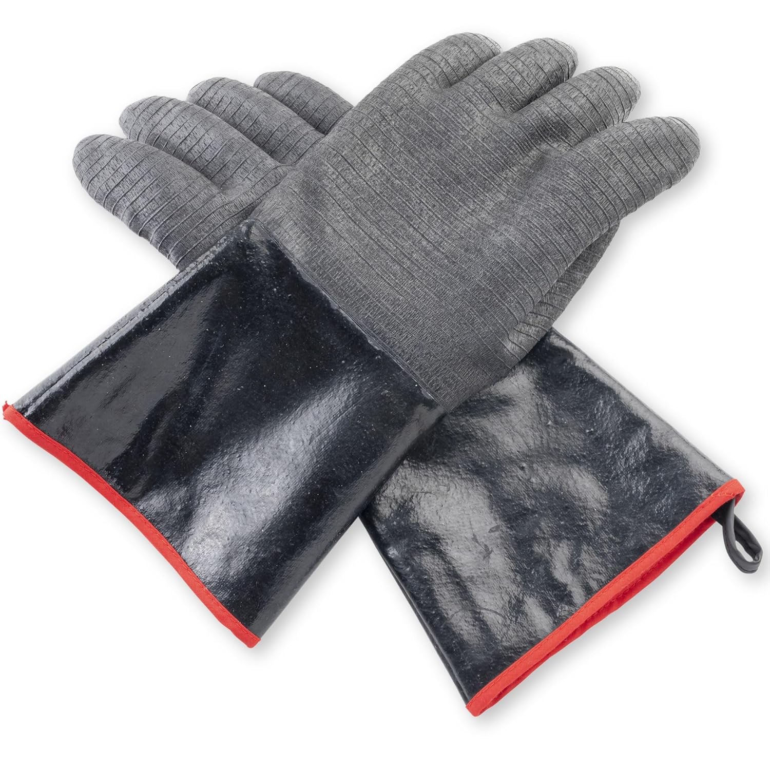 TableCraft 11735 High Heat BBQ Gloves, Flame Resistant, One Size, Red Cuff, Black, Pair of 2, 14" Long, Hold up to 932°F, for Cooking, Baking, Grilling, and Kitchen Use