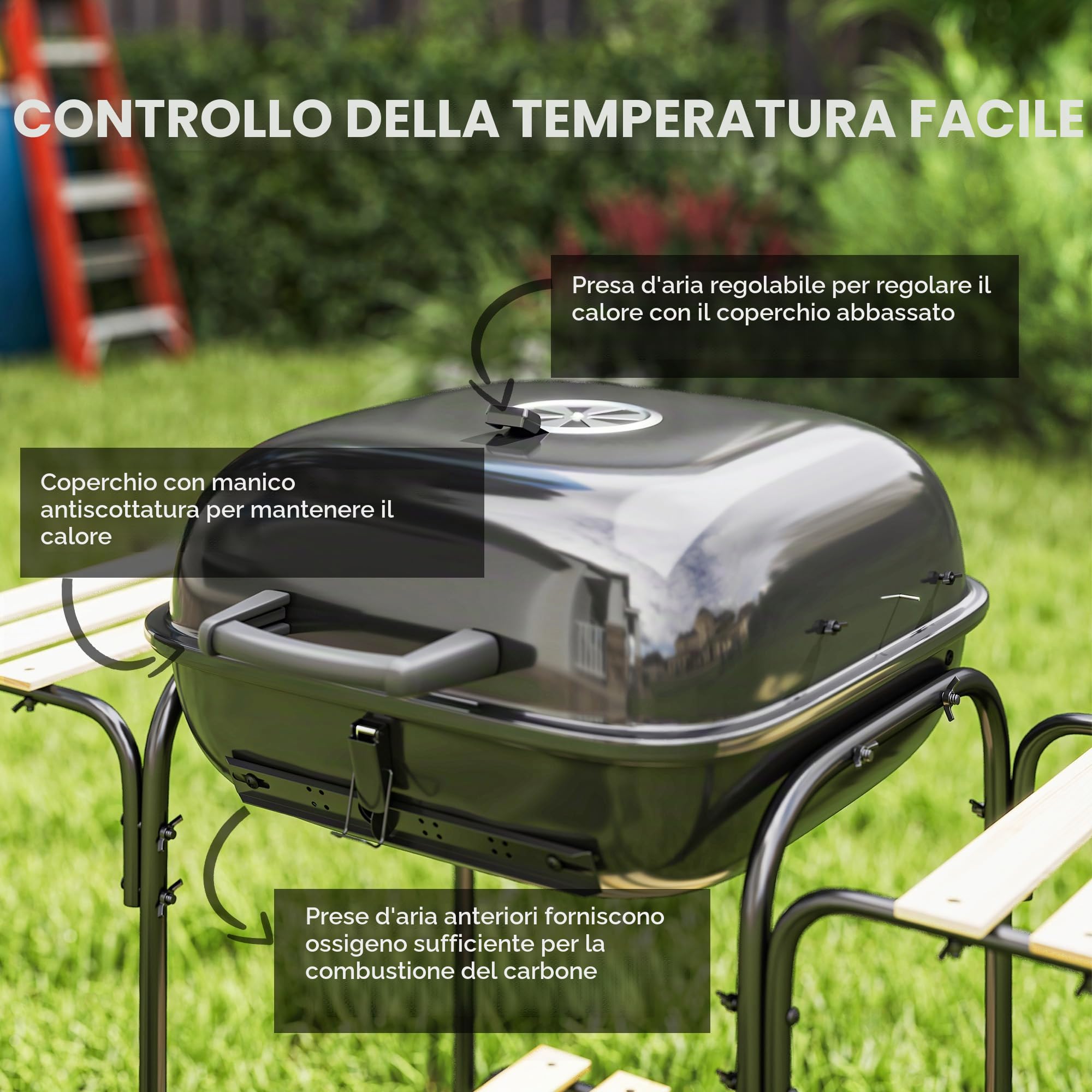 Outsunny Carrello di cottura per barbecue a carbonella con superficie di cottura di 1840 cm², affumicatore portatile per barbecue con griglia, coperchio, ripiani e ruote, per picnic in campeggio, nero
