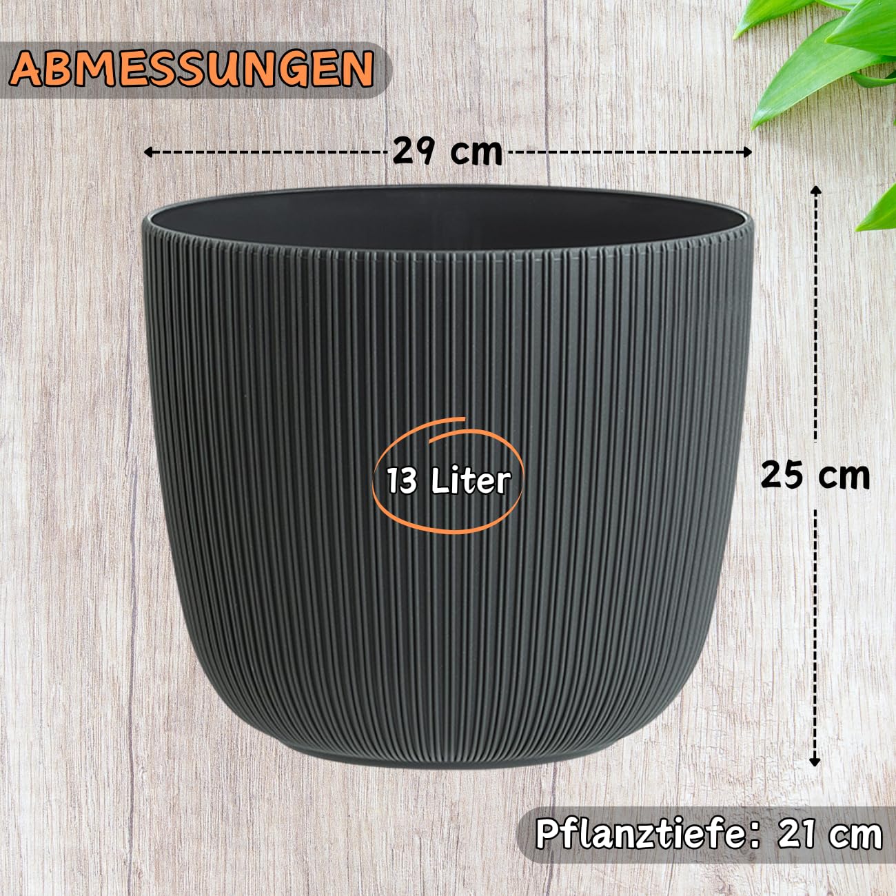 3 x Blumentopf mit Drainagesystem, Moos-Grün, Rillenoptik, Pflanz-Topf, Kübel, modern, widerstandsfähig, rund, wetterfest, Kunststoff, Ø 29 cm, 13 Liter