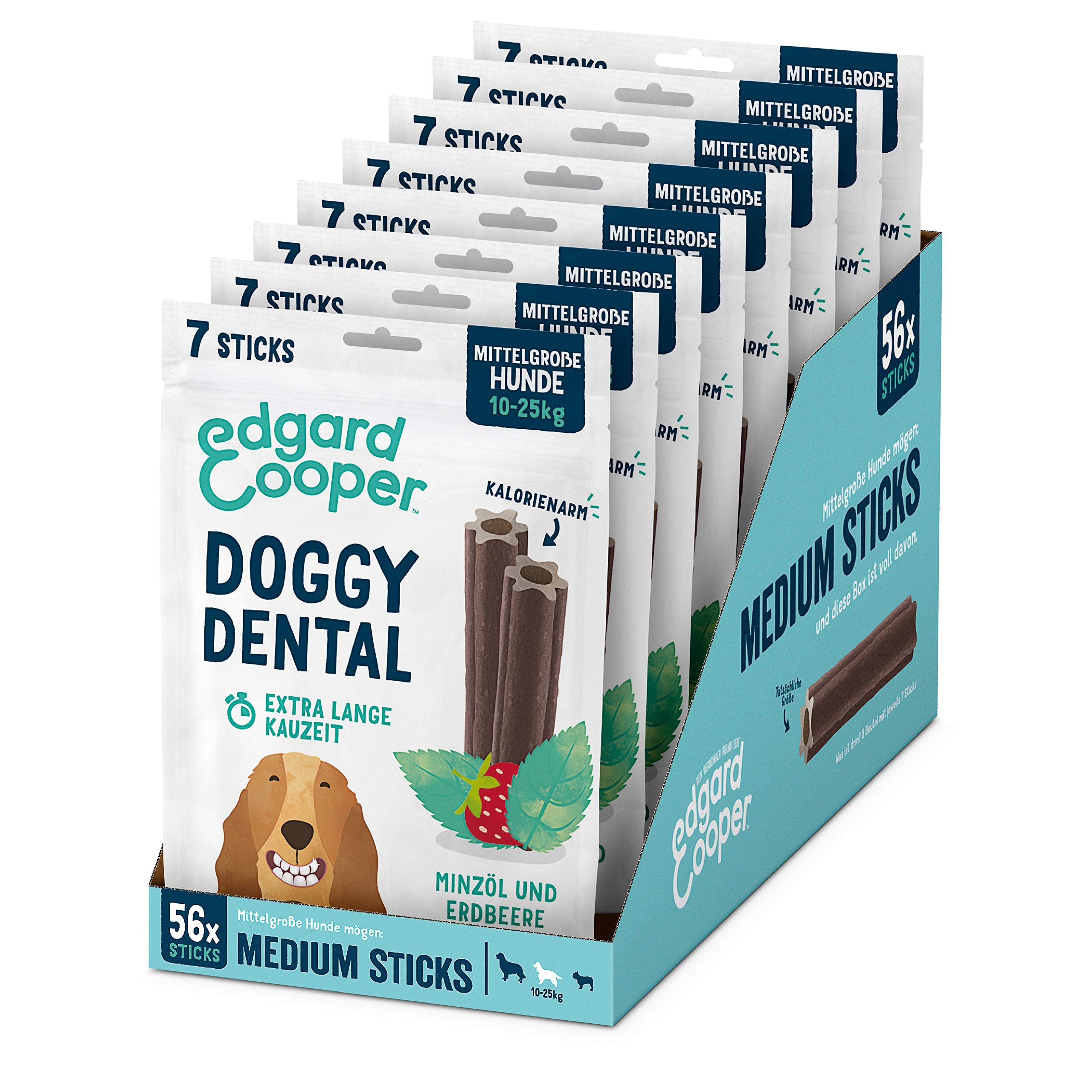Edgard & Cooper Snacks 56 Dental Stick Medio Perro Natural 8 x 7 Varillas para Masticar Cuidado Dental Menta y Fresa, Una Vez al día, Bajo en calorías, Mascar Larga Efectiva, Aliento Fresco