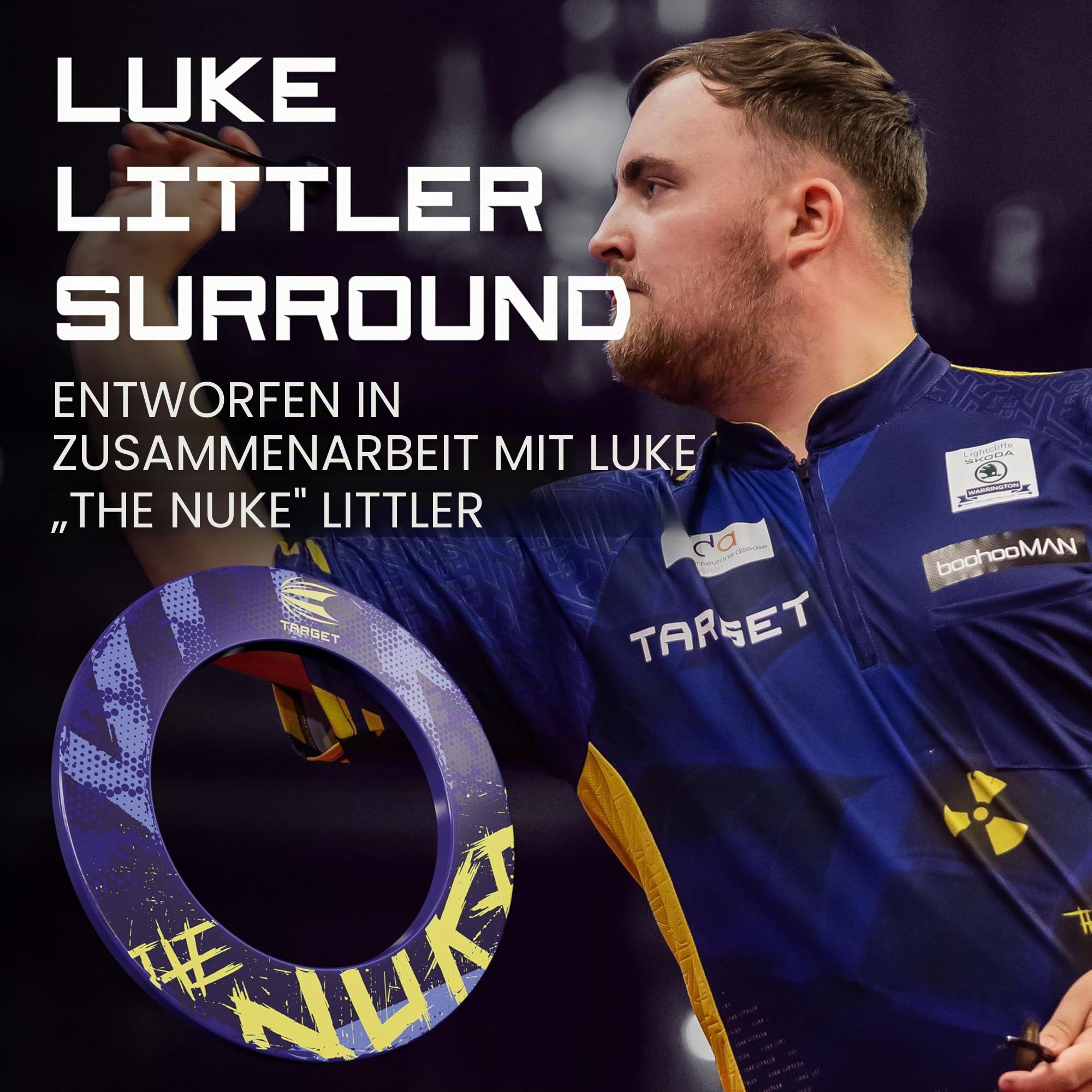 Target Darts Luke Littler Dartboard Surround | The Nuke Dart Board Schutzring, kompatibel mit Allen Steeldarts Dartscheiben, lila & gelbe Dart Surrounds, einfach installierende Wandschutz Außenringe