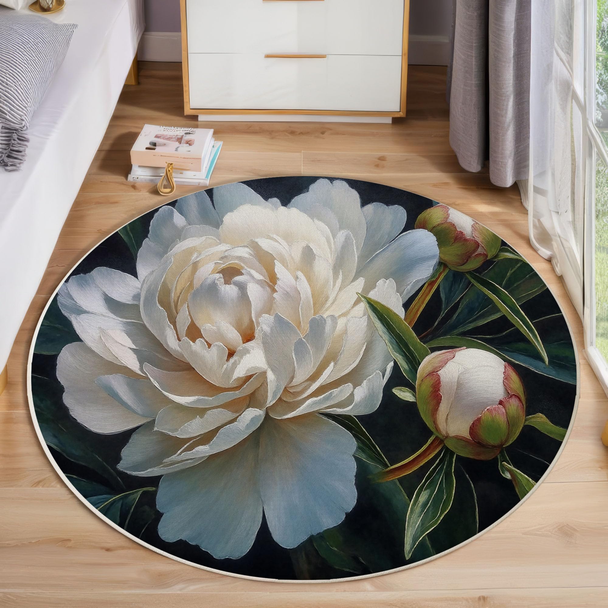 Tapis rond de salon pivoine lavable 80cm noir à poil court