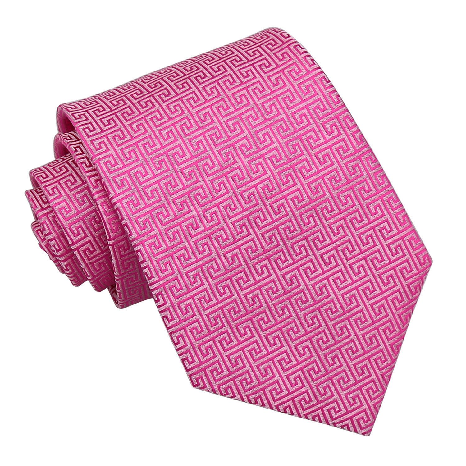 DQT Mens Greek Key Jacquard Tie - 9cm Classic Width Necktie - Wedding, Business & Formal - Fuchsia Pink