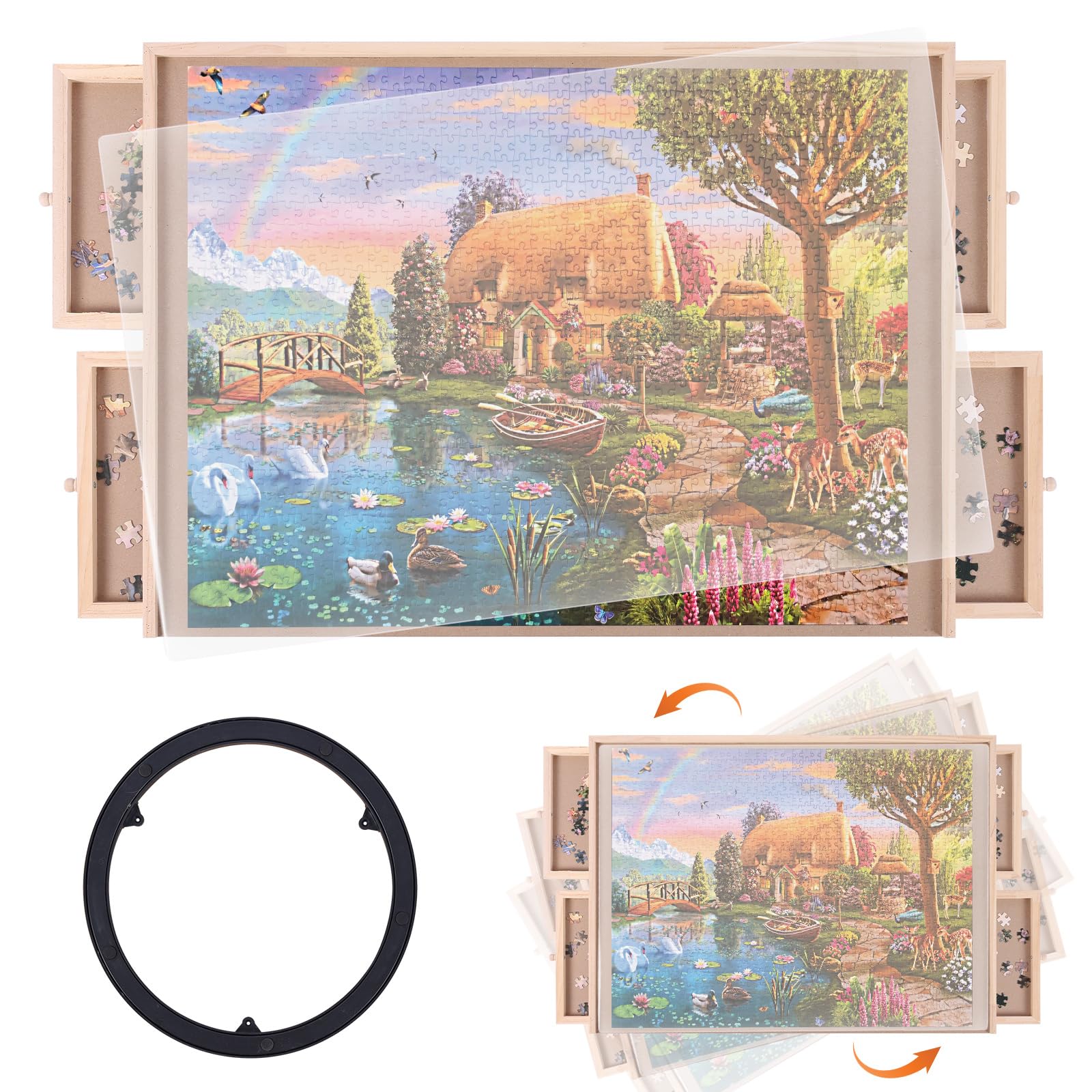 Ruication 1000 Piece Rotating Puzzle Board with 4 Drawers and Cover 360 Degree Rotating Wooden Jigsaw Puzzle Table For Adults Gift