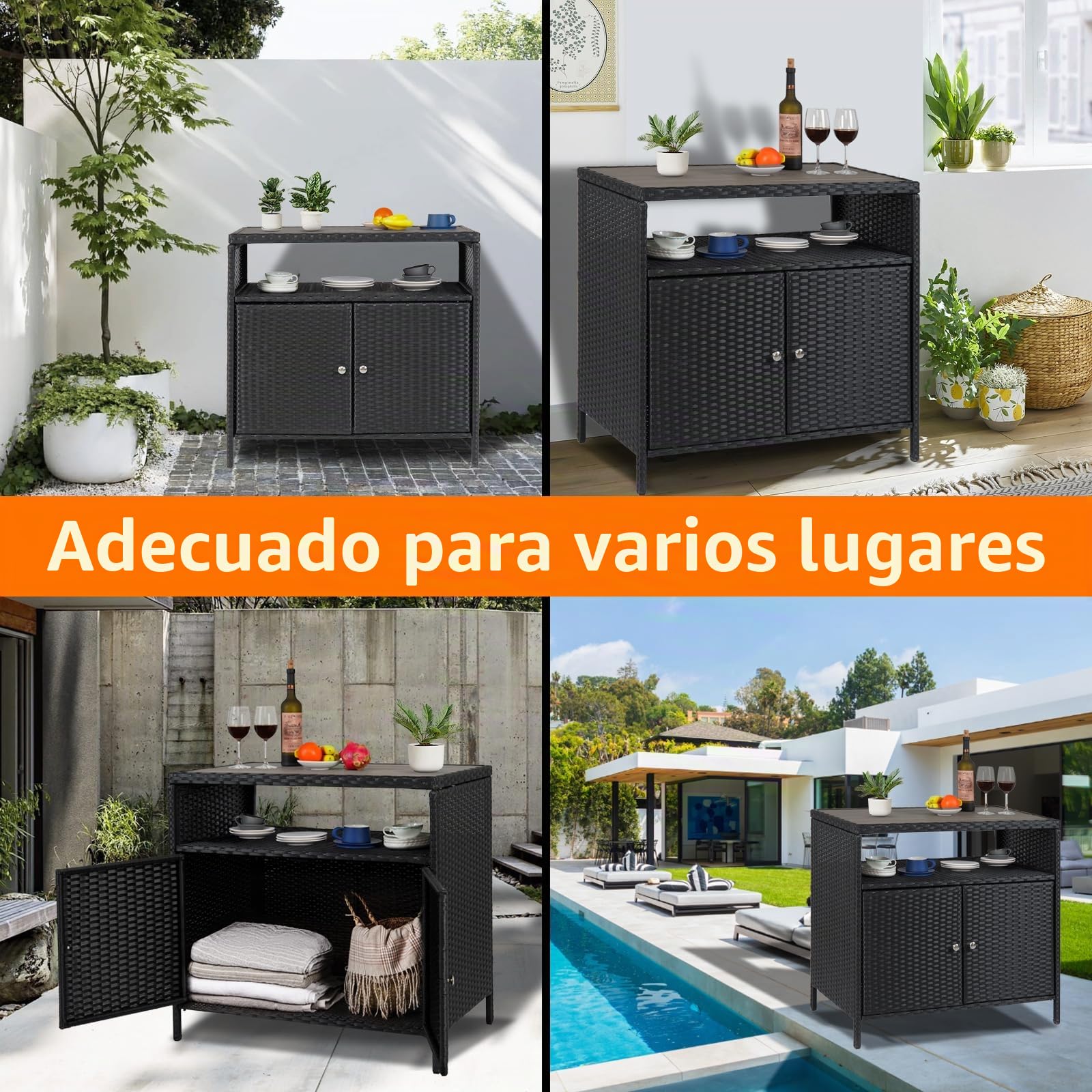 Armario De Almacenamiento Exterior De Ratán Con 2 Puertas y Estante Abierto, Mueble De Exterior Con Encimera De Madera, Aparador De Mimbre Resistente a La Intemperie Para Patio y Jardín 90x53x85cm