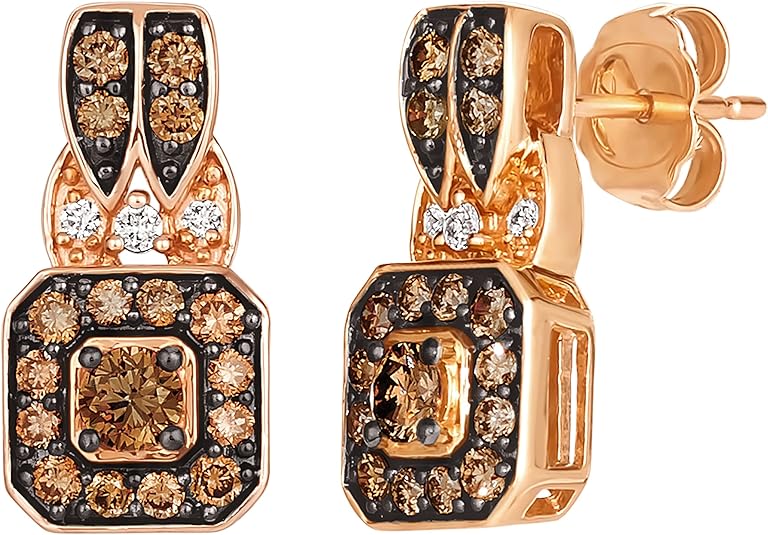 LE VIAN 3/4 Carat White and Brown Diamond Drop Earrings for Women in 14k Rose Gold (VS2-SI1, cttw) Square Dangle Earrings with Push Backs