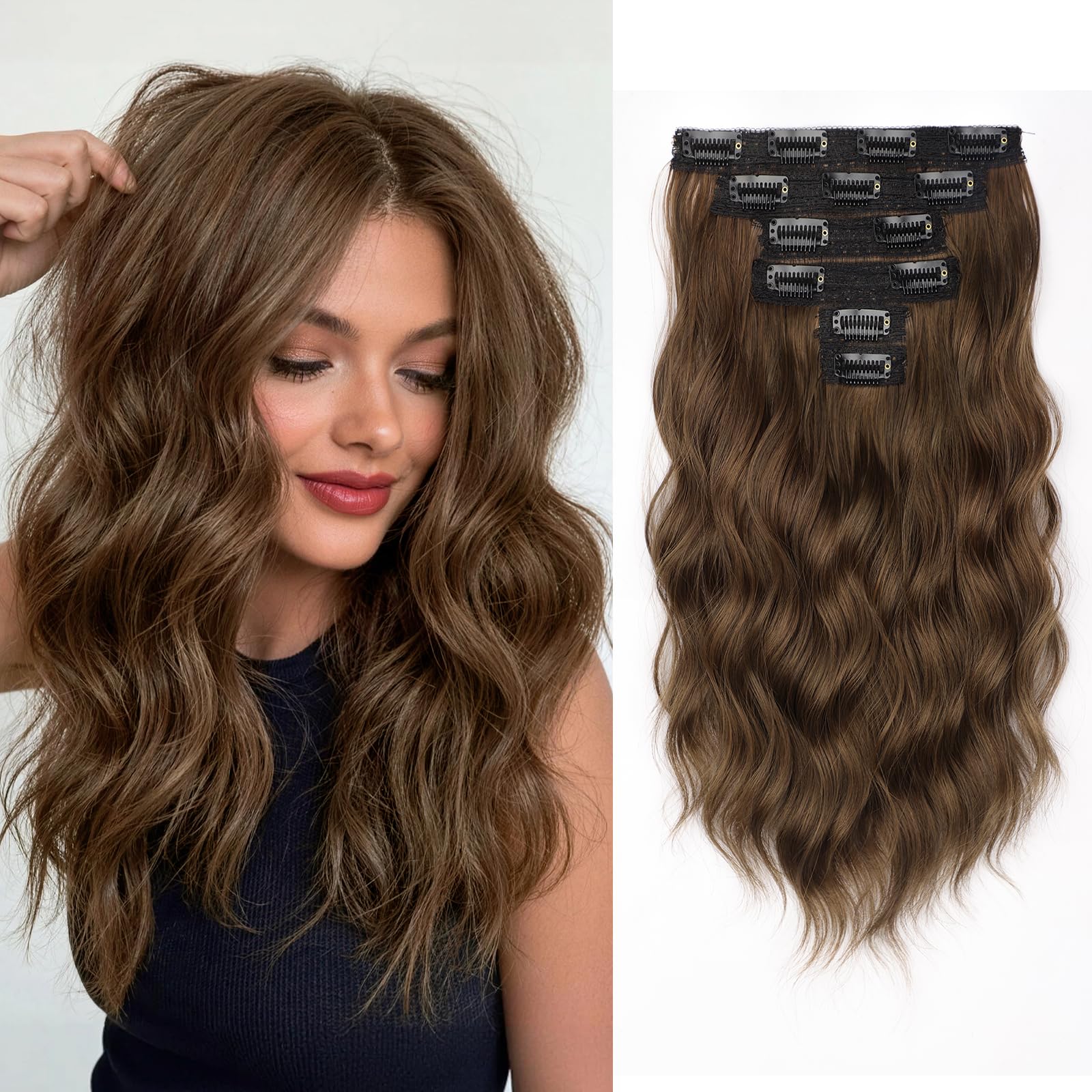 Photo 1 of KooKaStyle Short Hair Extensions 6PCS 14 Inch Wavy Curly Hairpieces Synthetic Soft Lace Weft Clip in Hair Extensions-Rich Medium Brown for Women