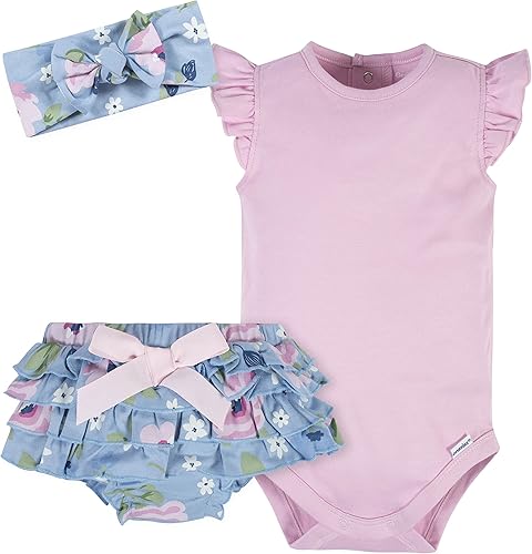 Gerber Conjunto de 3 piezas de mameluco de manga corta, pañal y diadema para bebé niña