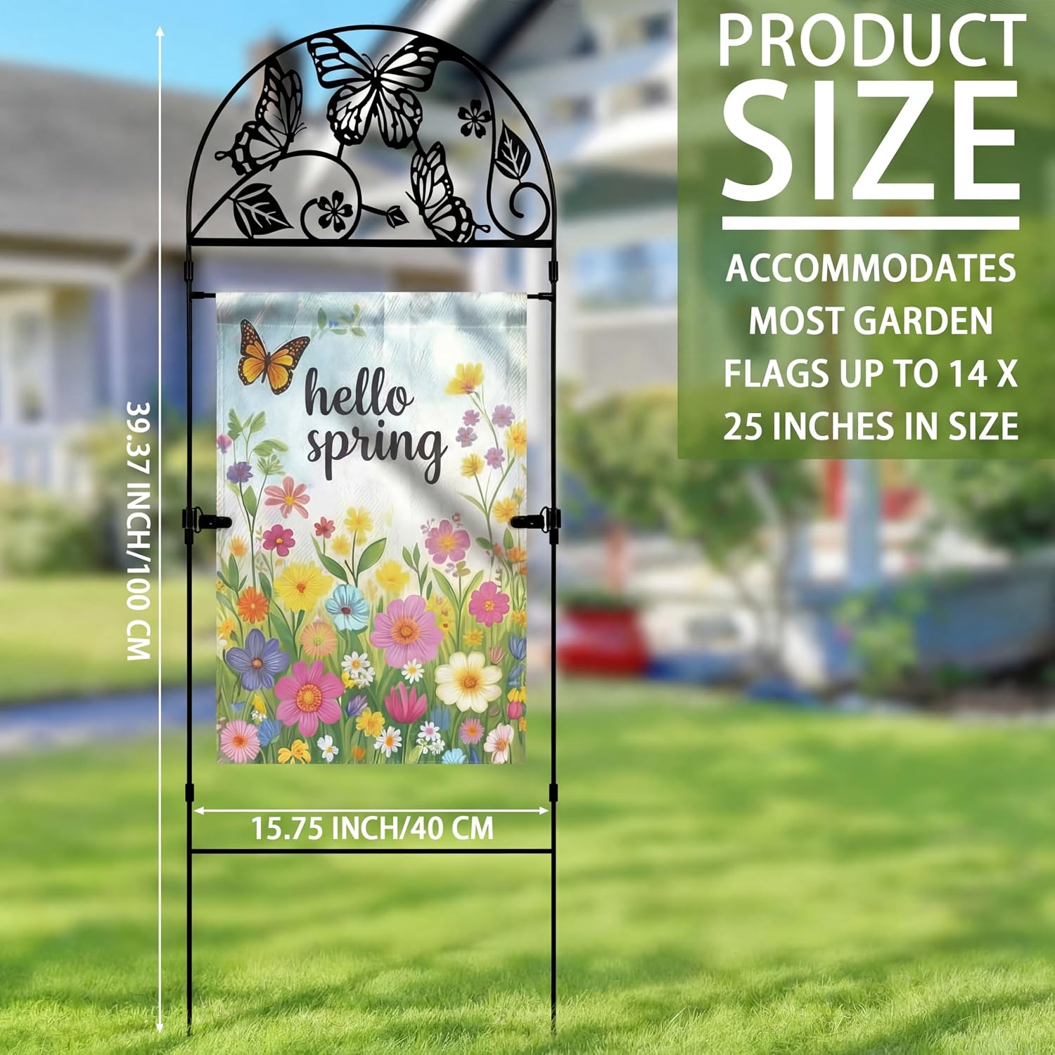 Butterfly Metal Garden Flag Holder Stand with 2 Magics Cute Clips Holders 15.7 × 39.4 Inch American Stand Yard Flag Pole Stake Outdoor Yard, Patio, Lawn Decorative Flagpole Holder Outside