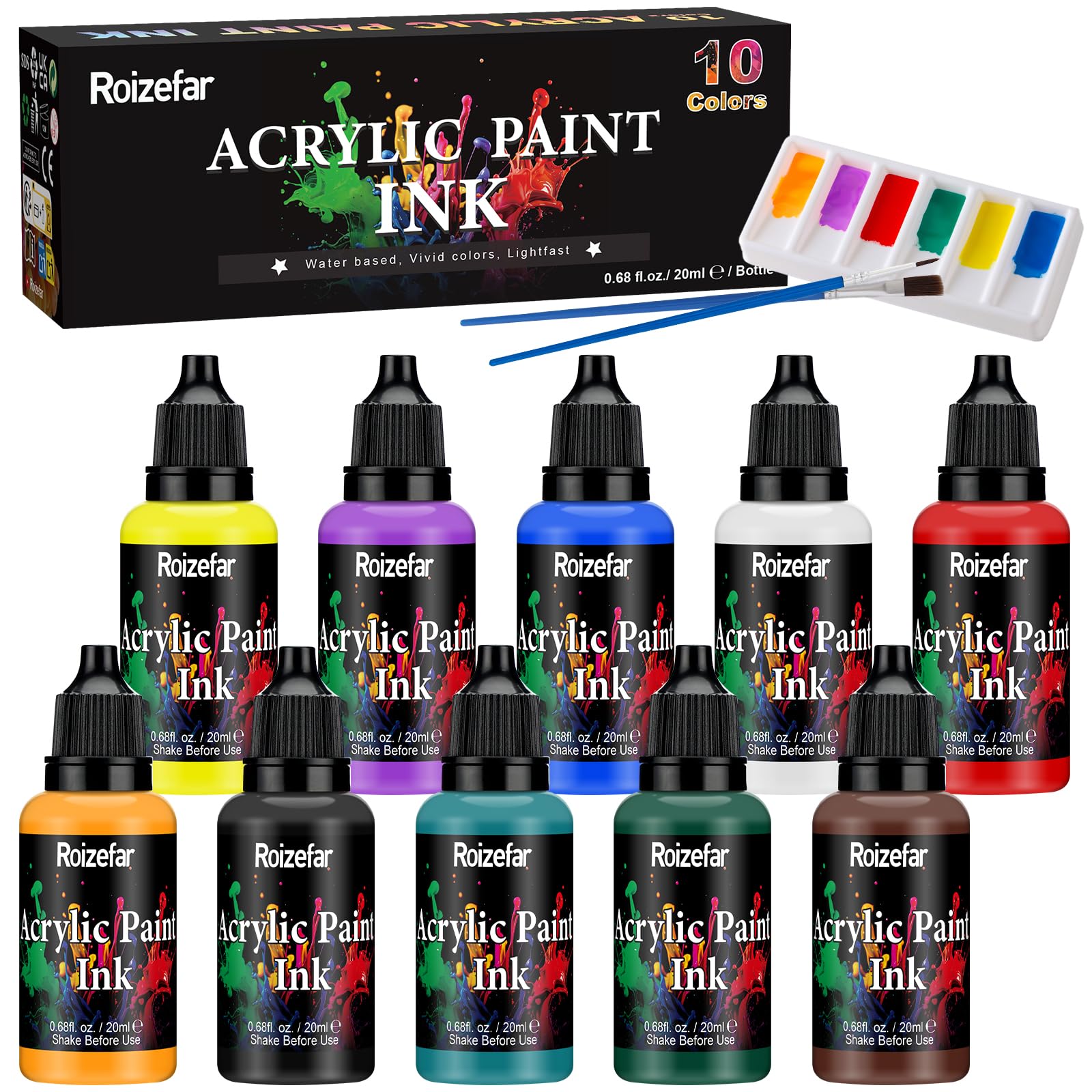Roizefar Acrylic Paint Ink Set, Drawing Inks with 2 Brushes 1 Palette, Permanent Acrylic Artists Inks for Beginner, Ideal for Casting, Mixed Media Projects, 10 x 20ml (0.68 fl.oz)