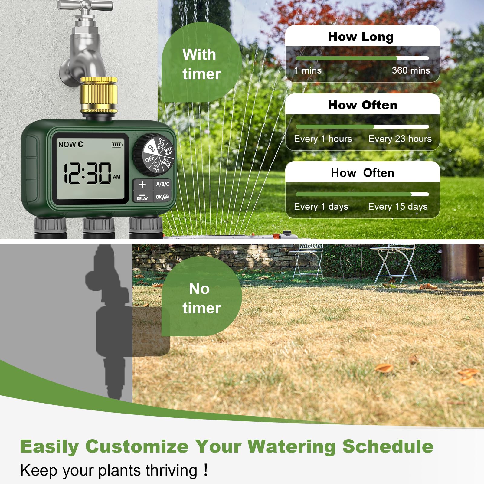 Sprinkler-Timer, großes LCD-Display, 3-Zonen, Wasser-Timer, mit Regenverzögerung, manuelles und automatisches Bewässerungssystem für Gartenschlauch-Wasserhahn, Outdoor-Bewässerungssteuerung