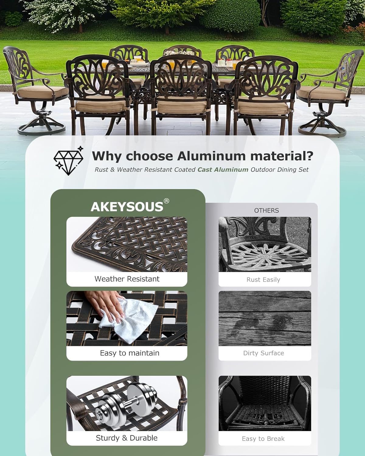 9 Piece Cast Aluminum Outdoor Dining Set, Retro Patio Dining Furniture Set for 8 Includes 86” Table 2 Swivel & 6 Stackable Elizabeth Chairs with Cushions and 2“ Umbrella Hole for Porch Poolside Garden