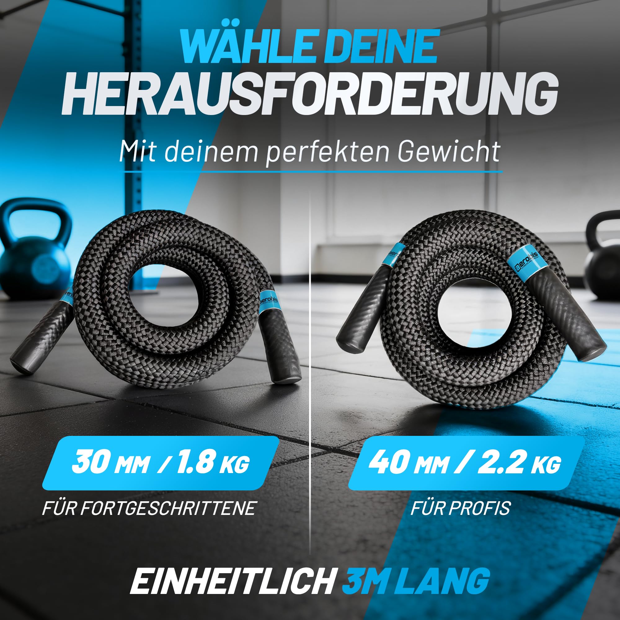 aerobis® - Springseil gewichtet - Battle Jump Rope mit innovativer Stahlring Fixierung - Indoor und Outdoor geeignet durch Wasserfestes Material, Springschnur Erwachsene Fitness