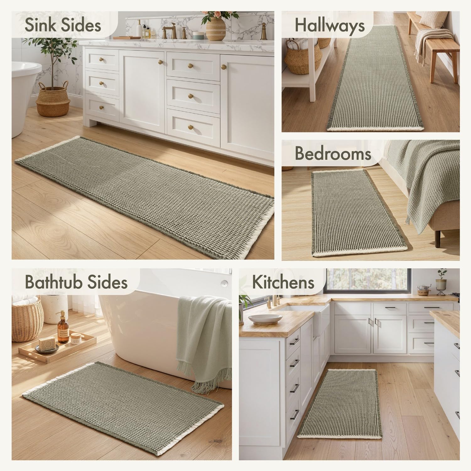 MIULEE Waffle Bathroom Runner Rugs, Super Absorbent Non Slip Bath Rug, Soft Quick Dry Washable Boho Large Bath Mat with Tassels for Hallway Laundry Room Bedroom, 2'x5' (24"x60"), Green & Cream