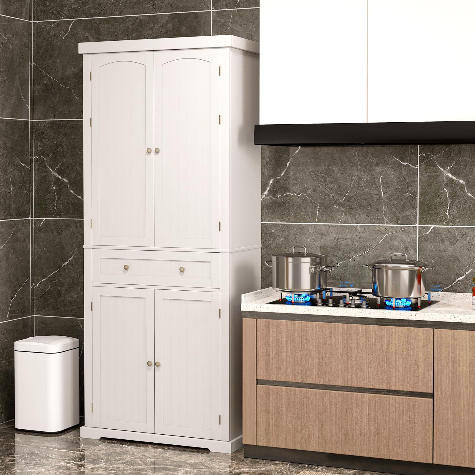 Credenza Cucina Alta 163cm Con Ante Vetro - Mobile Dispensa Con 4 Cassetti E Ripiani Regolabili - Foto 11