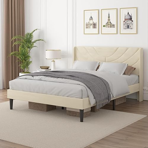 Miniatura 114 de VECELO Base de cama tamaño matrimonial tapizada con cabecera de tela, soporte de listones de madera, no necesita somier, base de colchón, color