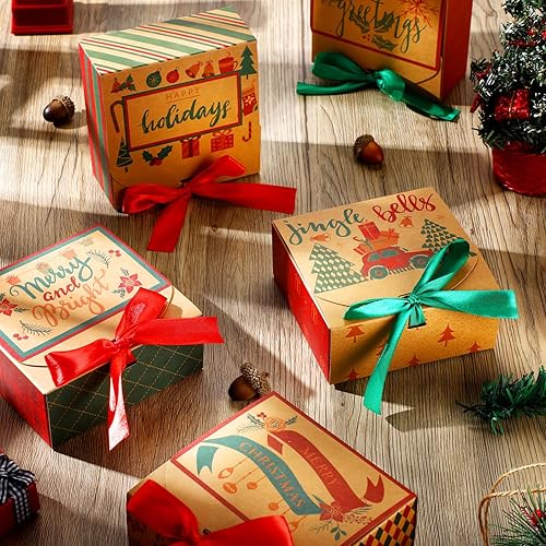 Miniatura 5 de Cholemy Cajas de regalo de Navidad con tapas, cajas de regalo pequeñas de papel kraft a granel para regalos de Navidad con lazo, cajas vacías de