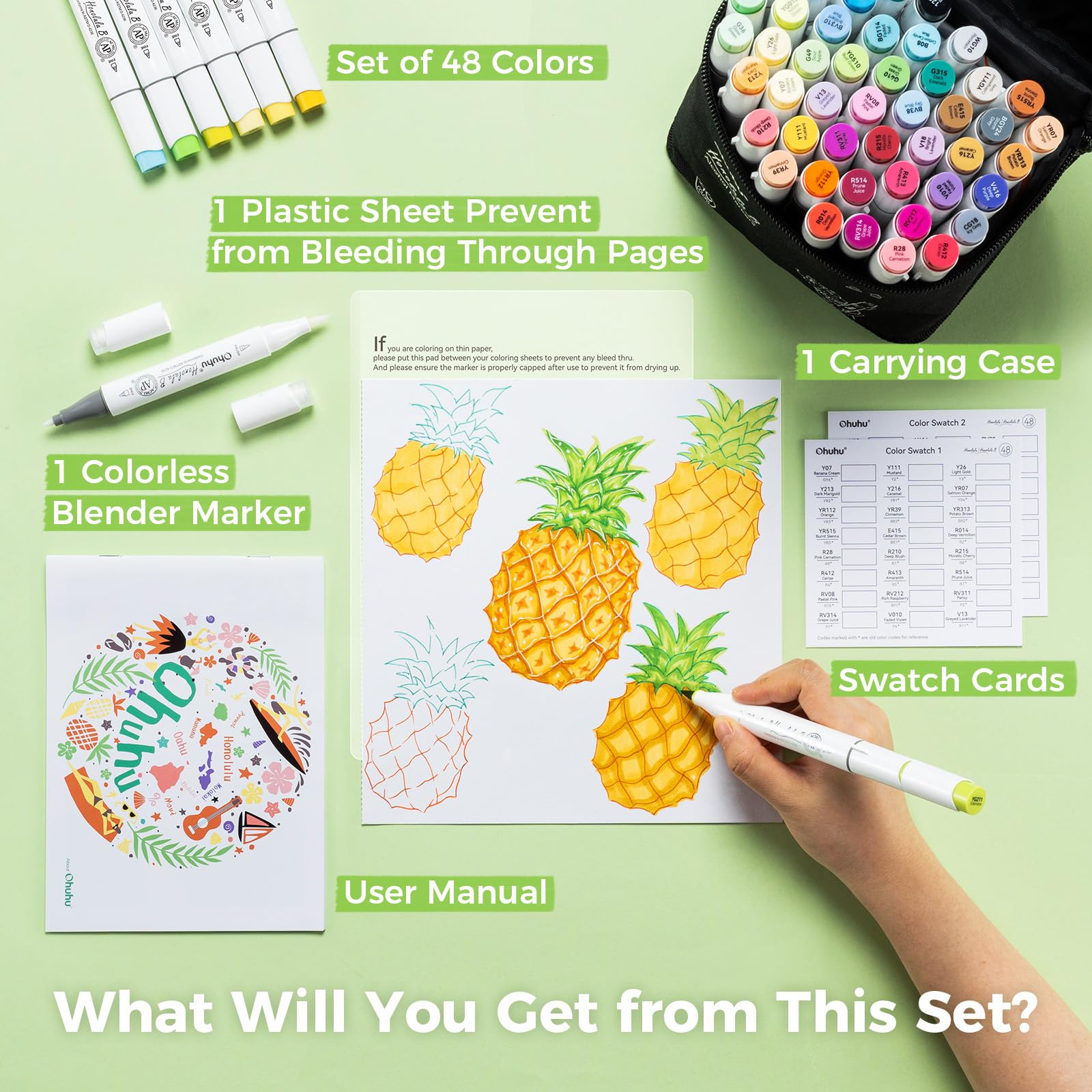 Ohuhu Alcohol Markers Brush Tip -Double Tipped Art Marker Set for Artist Adults Coloring Illustration -48 Colors -Brush & Fine -Honolulu B -Refillable