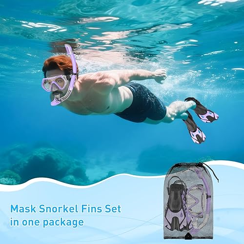 Miniatura 7 de Juego de equipo de esnórquel para adultos, juego de esnórquel con parte superior seca, máscara panorámica antivaho y aletas de natación ajustables,