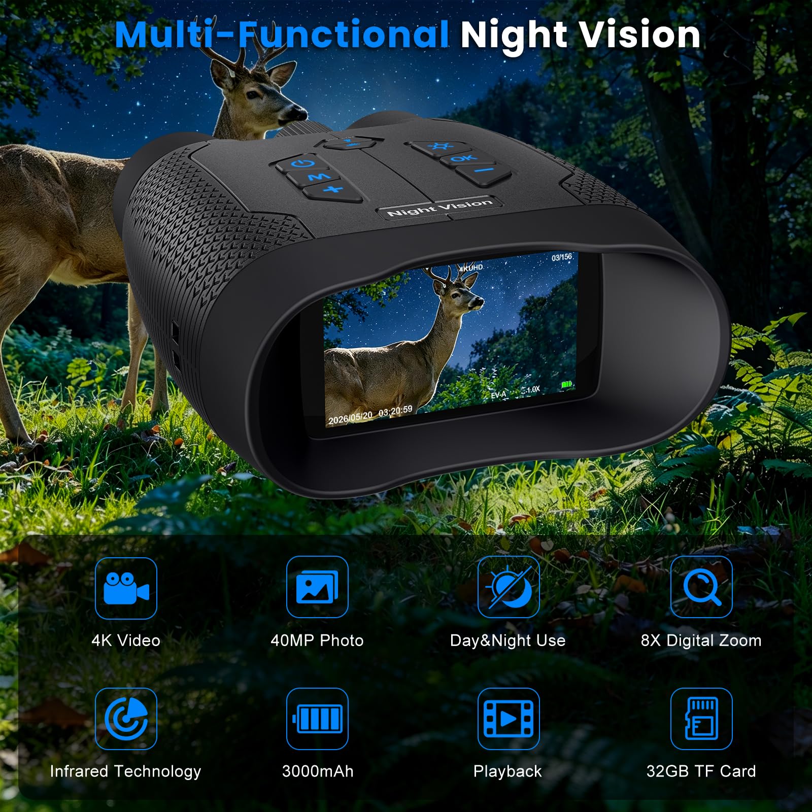 Binocolo Visione Notturna 4K, binocolo a infrarossi, da 40 MP | Batteria da 5000mAh, Zoom Digitale 8X, portata di 500M e Scheda da 32GB per Caccia, Campeggio Sicurezza e Attività all'aperto