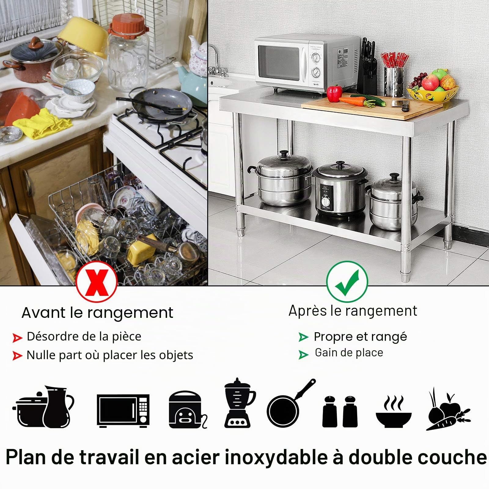 UISEBRT Table de travail en acier inoxydable avec bords biseautés, table de cuisine avec pieds réglables, table de cuisine avec étagère inférieure extra large, 120 x 60 x 85 cm, avec bord arrière