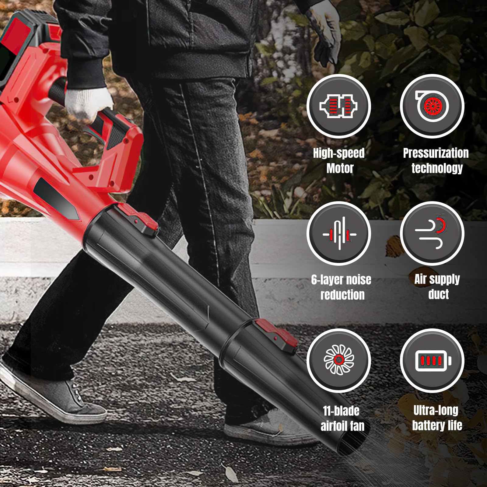 Souffleur Batterie 21 V, Souffleur de Feuilles sans Fil avec Batterie Et Chargeur, 6 Vitesses, 210 km/h,Souffleur Feuille Puissant pour Jardin, Entretien de la pelouse et déneigement (2*Batterie)