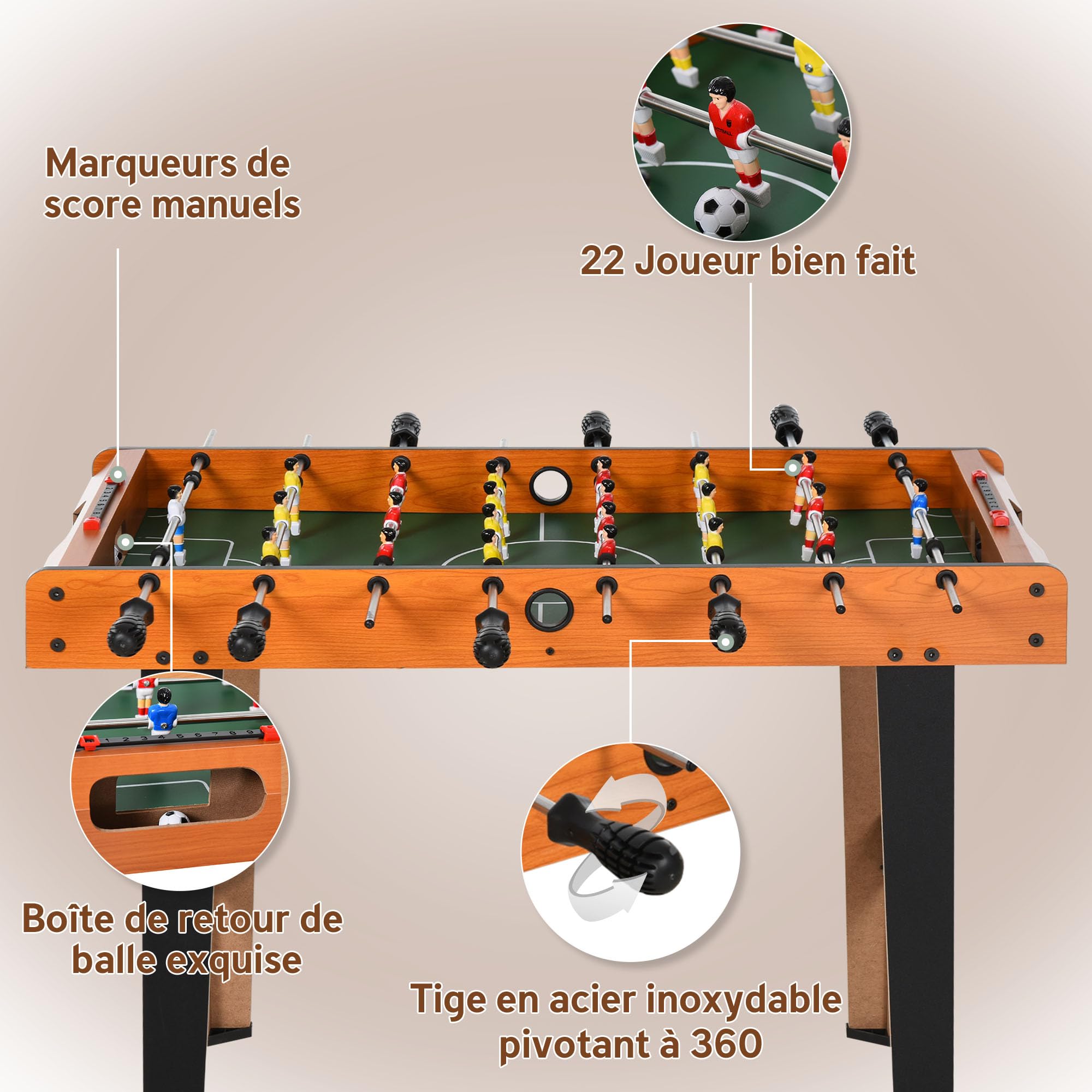 HOMCOM Mini babyfoot Compact et Solide, Table de Baby-Foot, Jeu Familial avec 22 Joueurs, 2 balles, 2 compteurs de Score, 84,5L x 40l x 61,2H cm