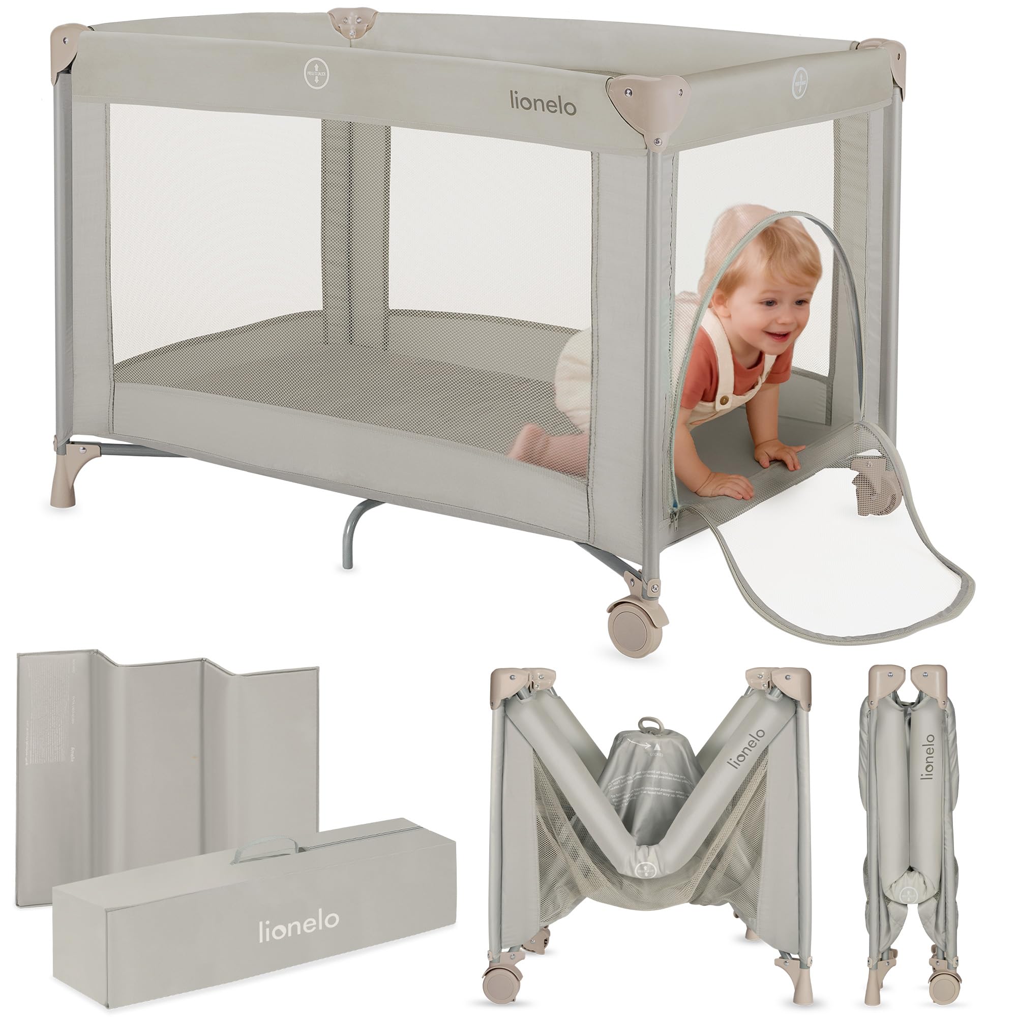 Lionelo Amelie Baby-Reisebett, ab Geburt bis 15 kg, klein, faltbar, weiche Faltmatratze, 100,5 x 70,5 cm, 2 Räder, seitlicher Einstieg, Reisetasche