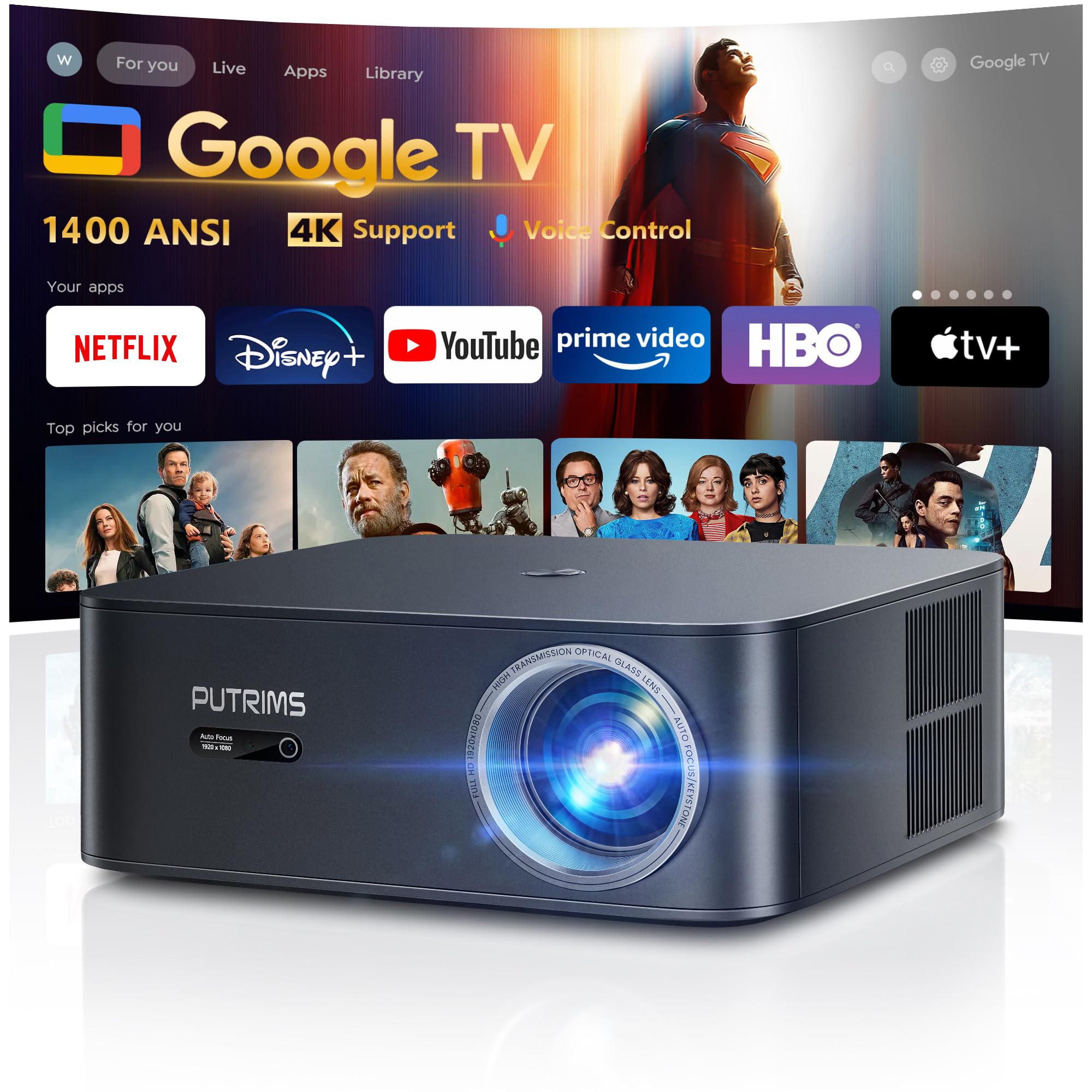 【1400 ANSI/Google TV】Smart Proyector 4K WiFi6 Bluetooth5.2, Full HD Proyector 1080P Nativo con Netflix Oficial, Auto Focus/Keystone y Zoom 50%, Control de Voz Projector de Cine para Movil/PC/HDMI/USB