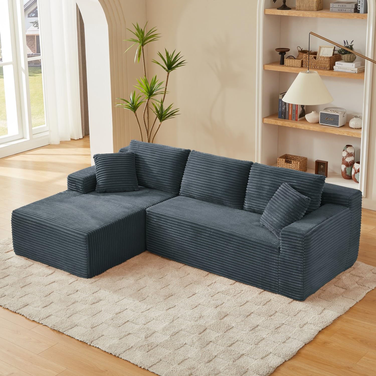 Sofá esquinero en forma de L de 4 plazas, sofá modular de pana con taburete, cómodo sofá de salón con 2-6 almohadas, ahorra espacio para salón y apartamentos, 256 x 134 cm (gris-izquierda)