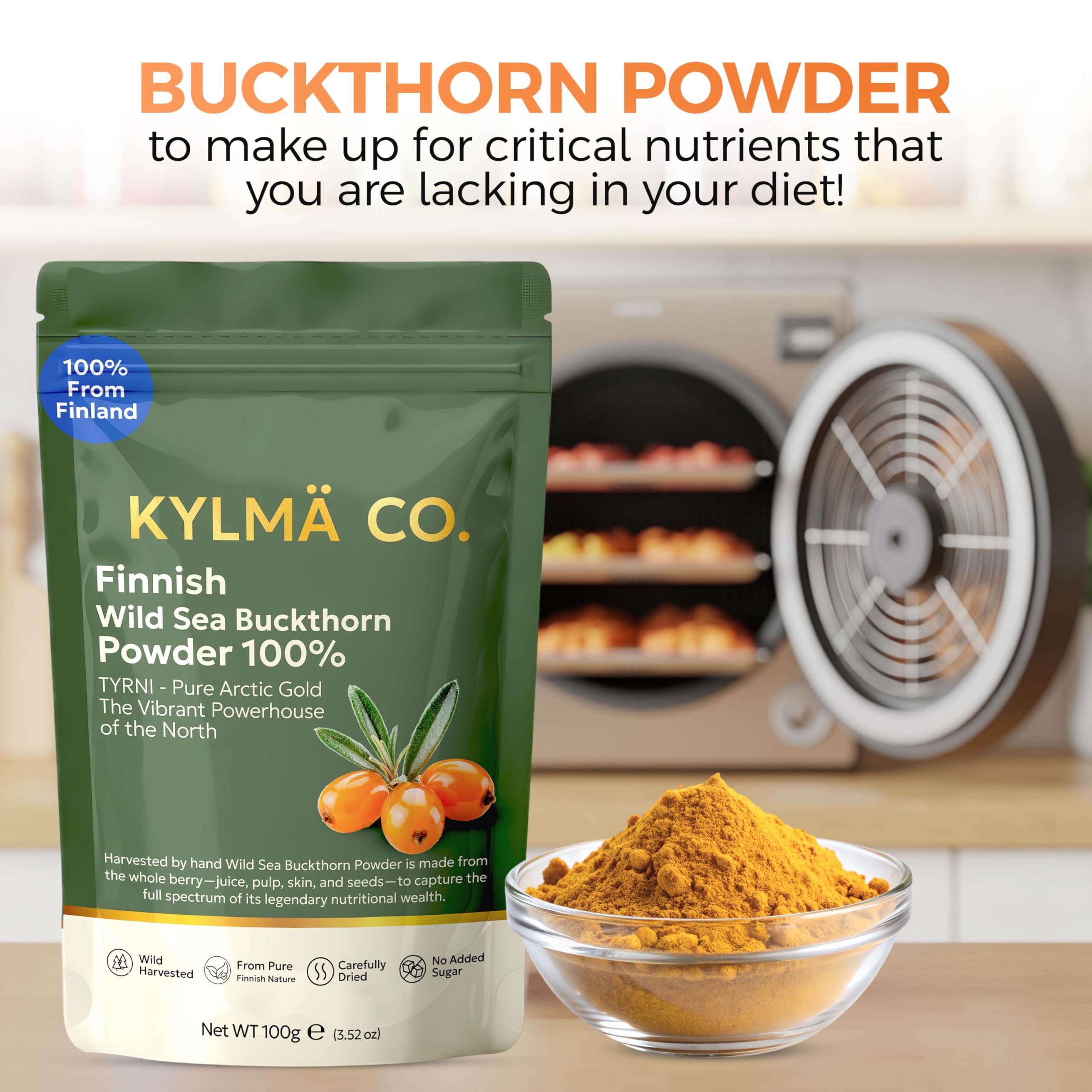 Kylmä Co. Poudre d'Argousier Sauvage 3 x 100 G Lot Économique | 100% Argousier Sauvage (Hippophaë rhamnoides) De Finlande | Séchée à l'air | 1 Ingrédient | Vegan | Sans Gluten