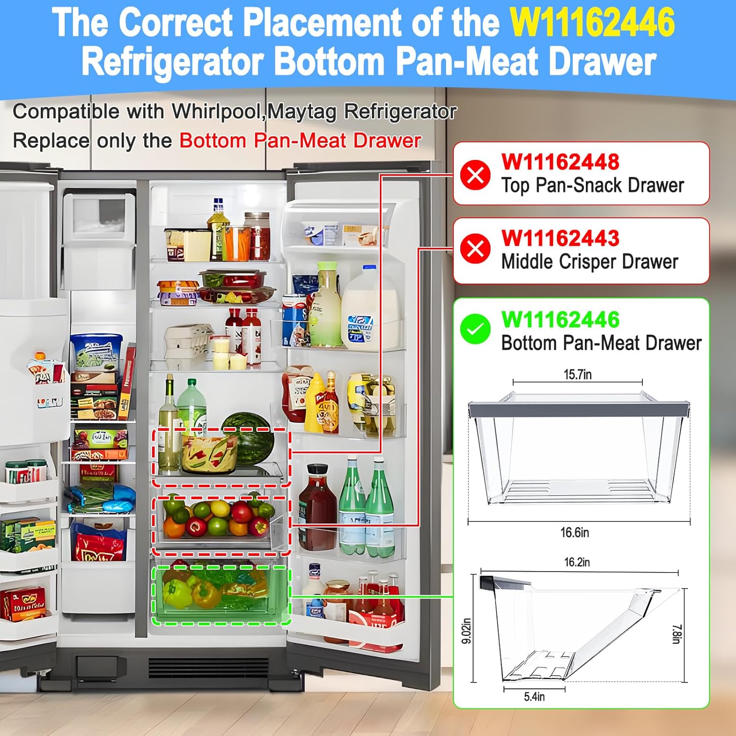UPGRADED W11162446 Refrigerator Crisper Drawer Compatible with Whirlpool Fridge Drawer W11046495 Whirlpool Crisper Drawer Replacement Parts WRS325SDHZ WRS555SIHZ WRS315SDHM Bottom Refrigerator Drawer