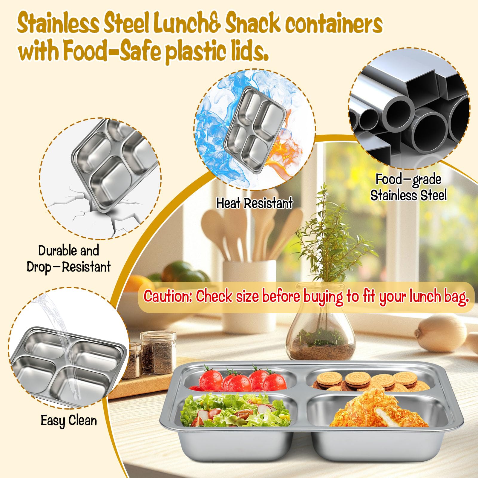 CIEOVO 3 Pieces Stainless Steel Snack Containers with Lids, Balanced Bites Divided Plates 4 Compartments Divided Food Storage Container Portion Control Metal Lunch Tray for School Home Travel