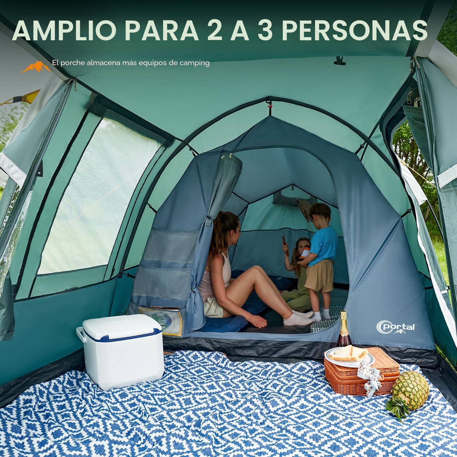 Portal Tienda de Campaña Familiar para 2 a 3 Personas Impermeable 3000mm Tienda de Camping con Porche y Lona de Suelo Cosida Tienda Festivales