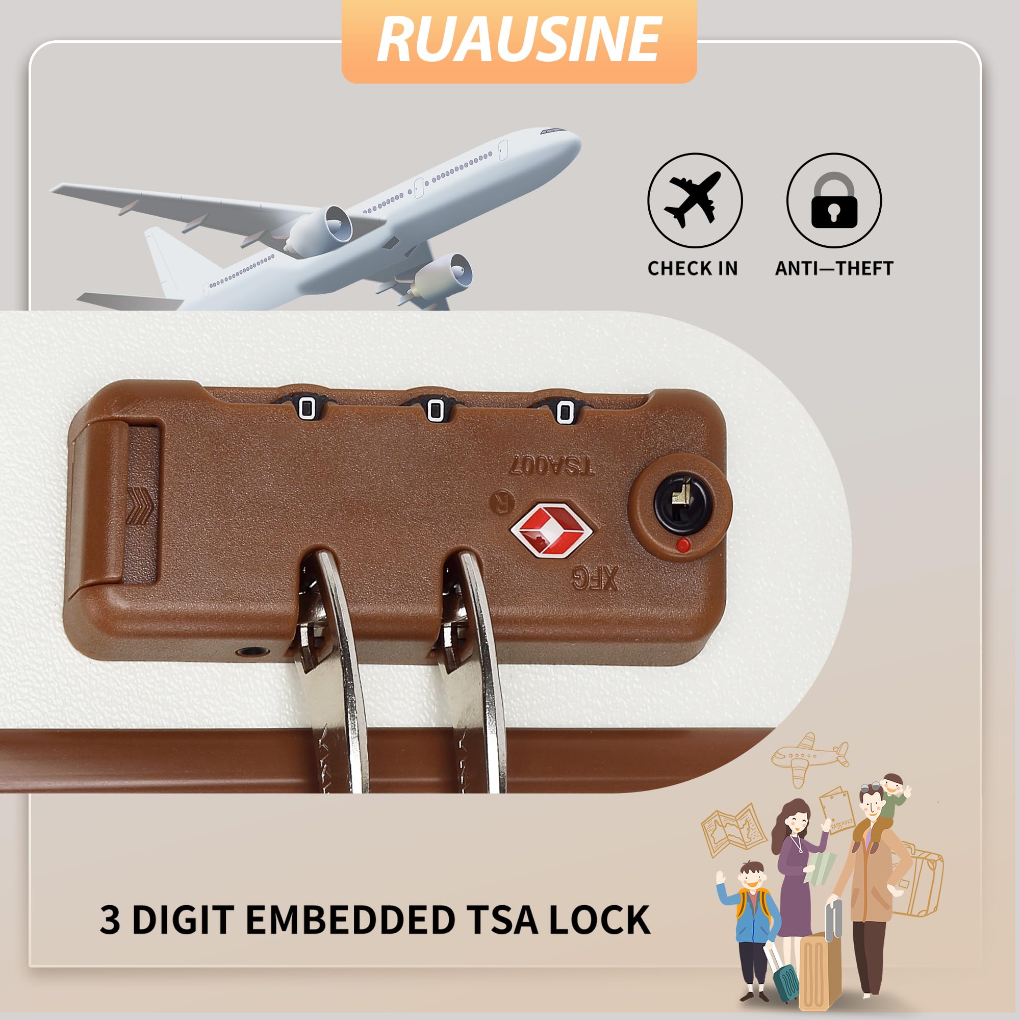 Ruausine Bagaglio a mano approvato dalle compagnie aeree, valigia rigida con ruote girevoli, piccolo bagaglio a mano leggero con guscio rigido e lucchetto TSA (White, 20 IN)