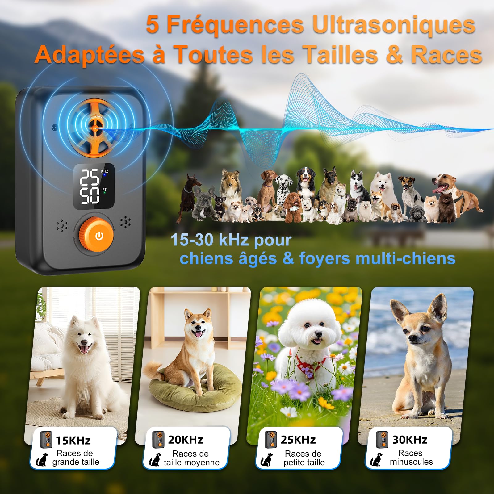 Anti Aboiement Chien Ultrason Puissant - Appareil Anti-Aboiement Ultrasonique Chien avec 5 Fréquences Ajustables 3 Portées Arrêt Automatique du Aboiement Intérieur/Extérieur