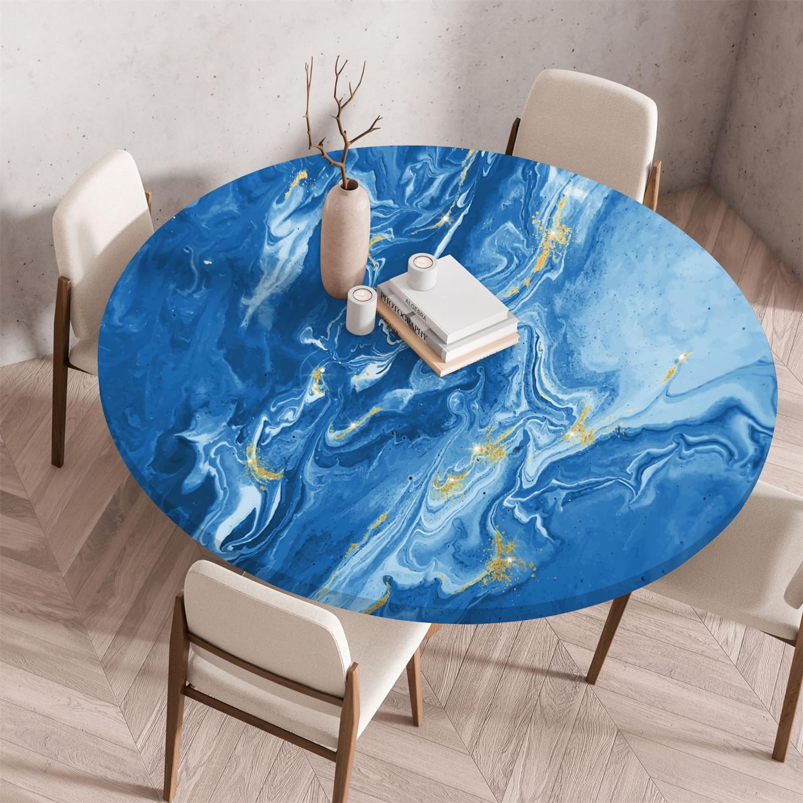 Muiuou Round Tablecloth, Marble Printing Tabletop, Reusable Wipeable Waterproof Oil-Proof Elastic Edged Round Table Cloth, Tablecloth for Dinning Room Kitchen Picnic