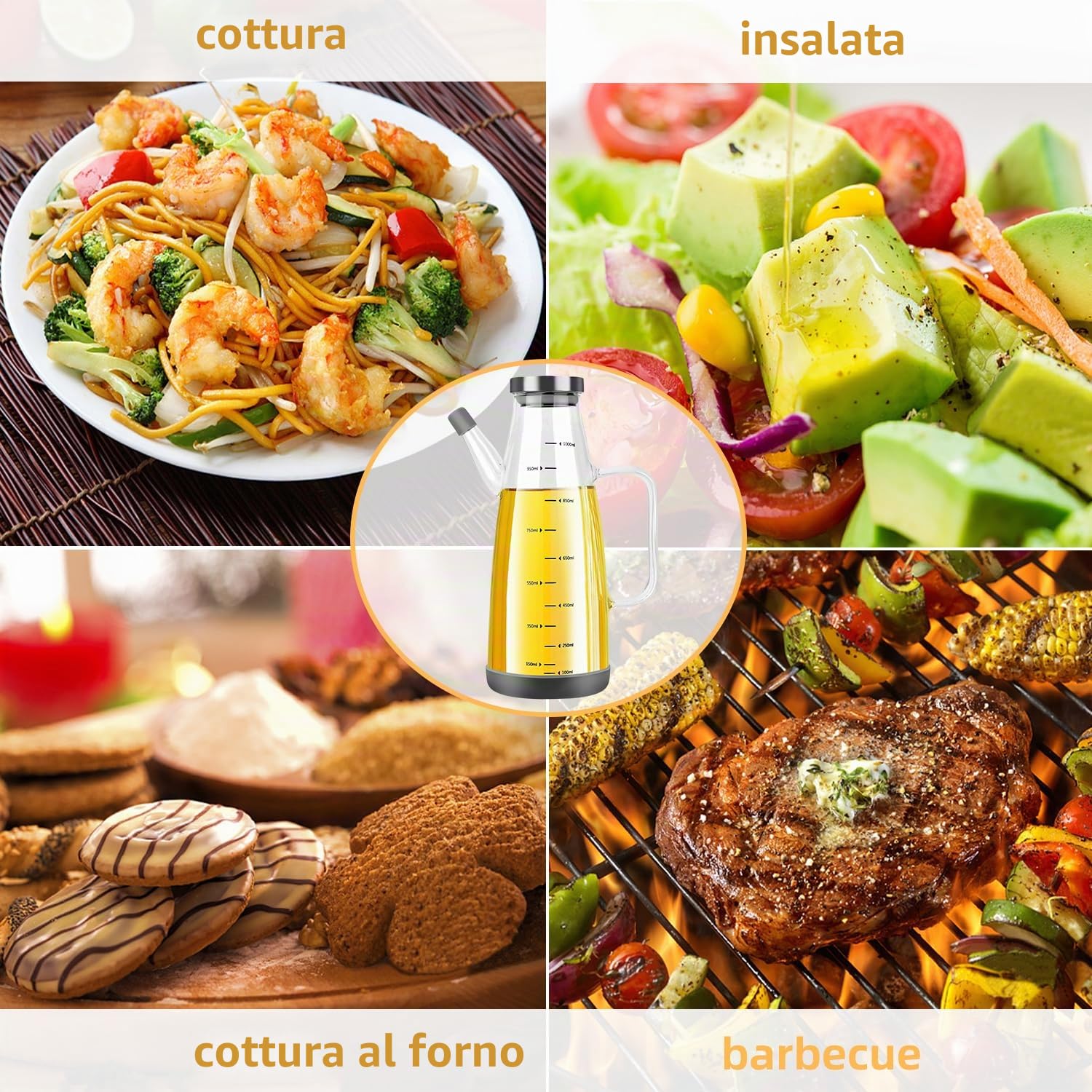 Bottiglia Olio,Vetro Dispenser Olio con Silicone Base,1L Vuota Aceto Bottiglia Olio Oliva para Cucina